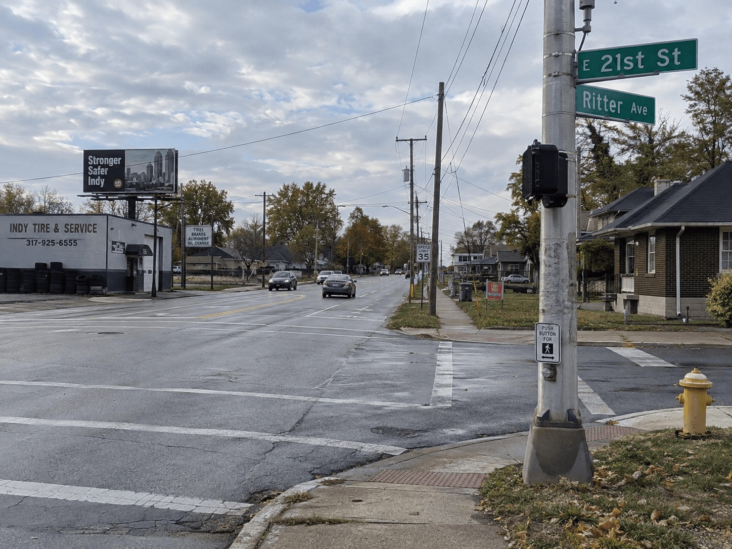 Street-level view near East 21st Street and Ritter Avenue in Indianapolis, where the parking lot shooting was reported.