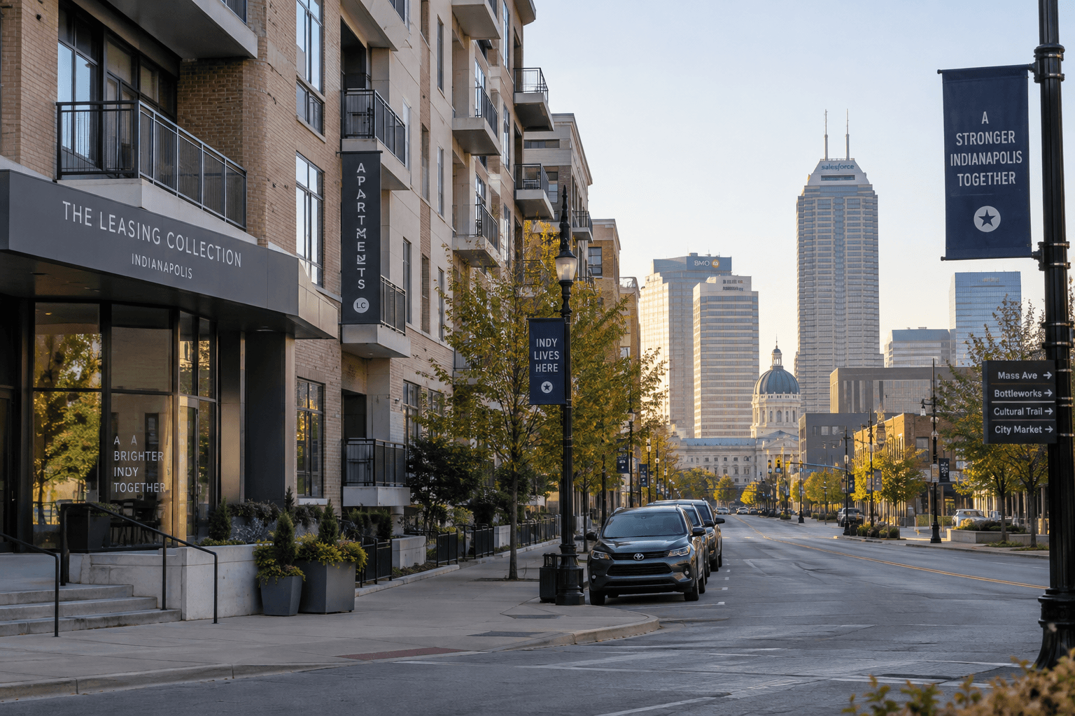 Downtown Indianapolis streetscape near an apartment building where an IMPD officer assault was reported.
