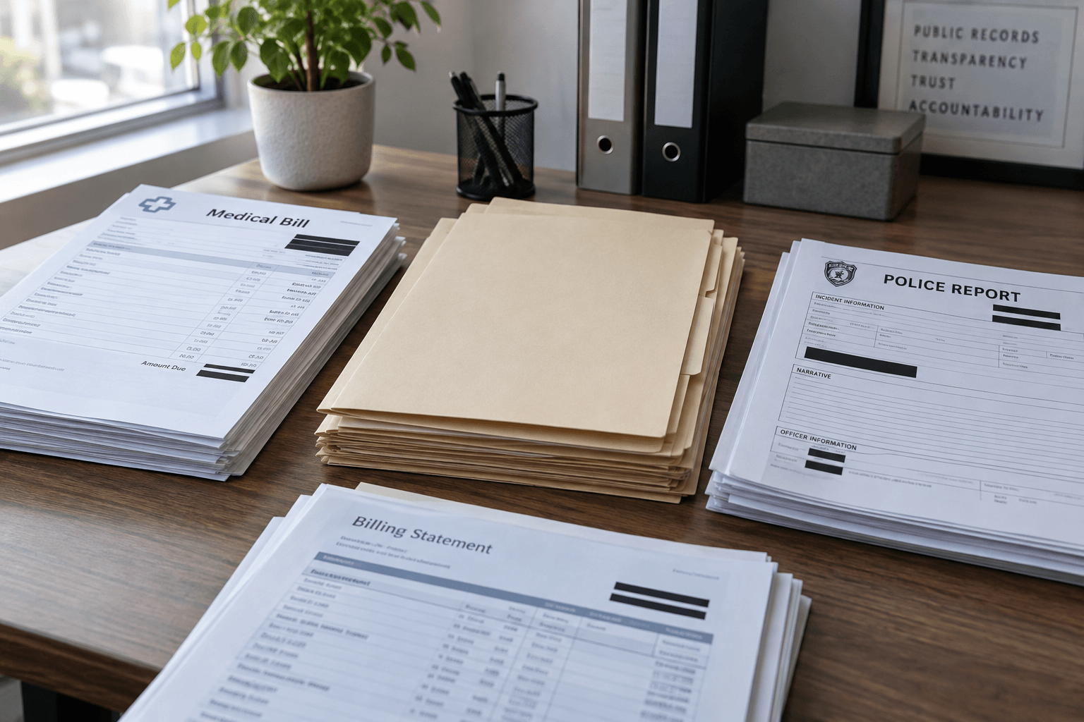 Organized medical and police records representing documents that may matter after a Bloomington injury.