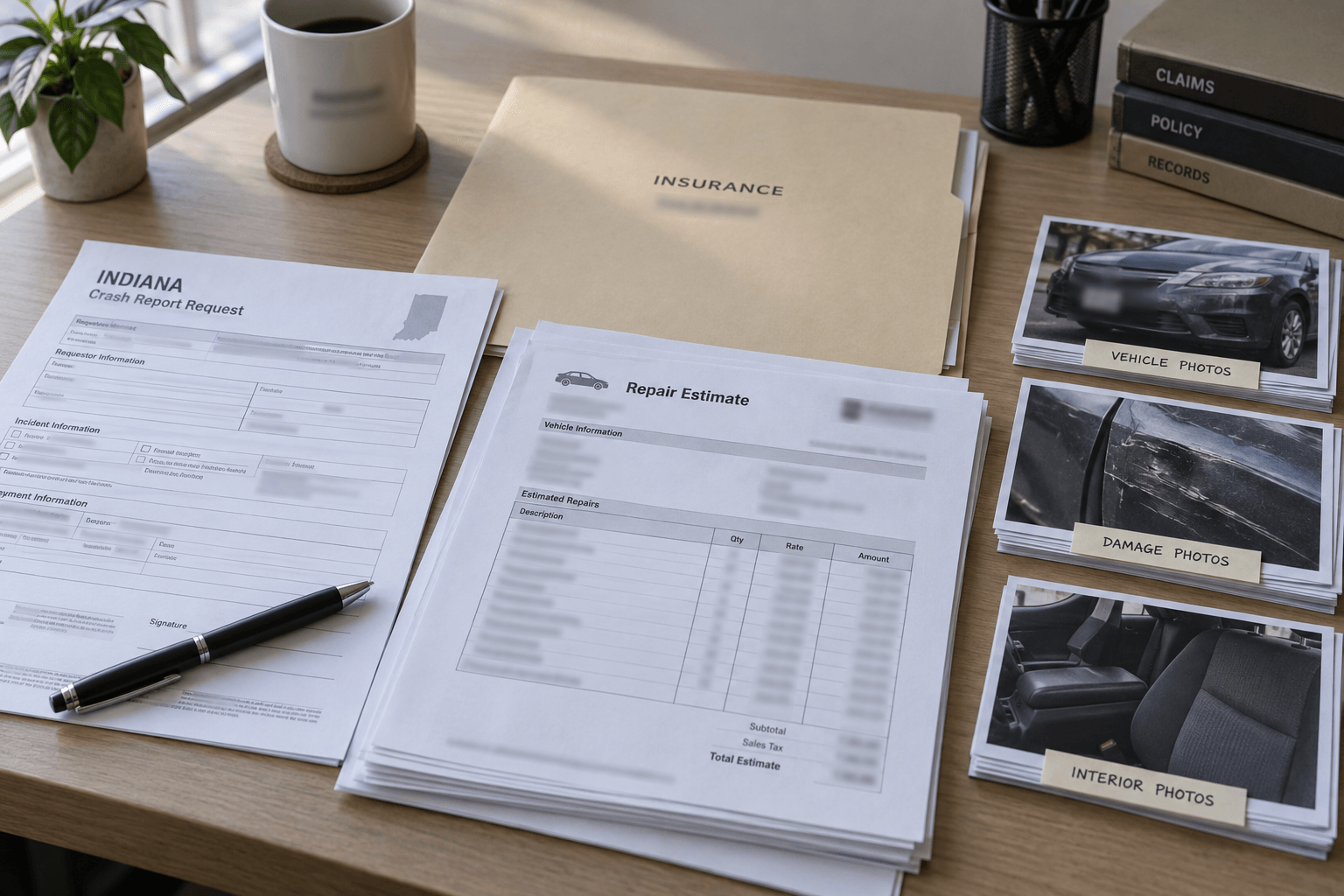 Organized crash-report, insurance, and repair records relevant to an Indiana injury or property-damage claim.