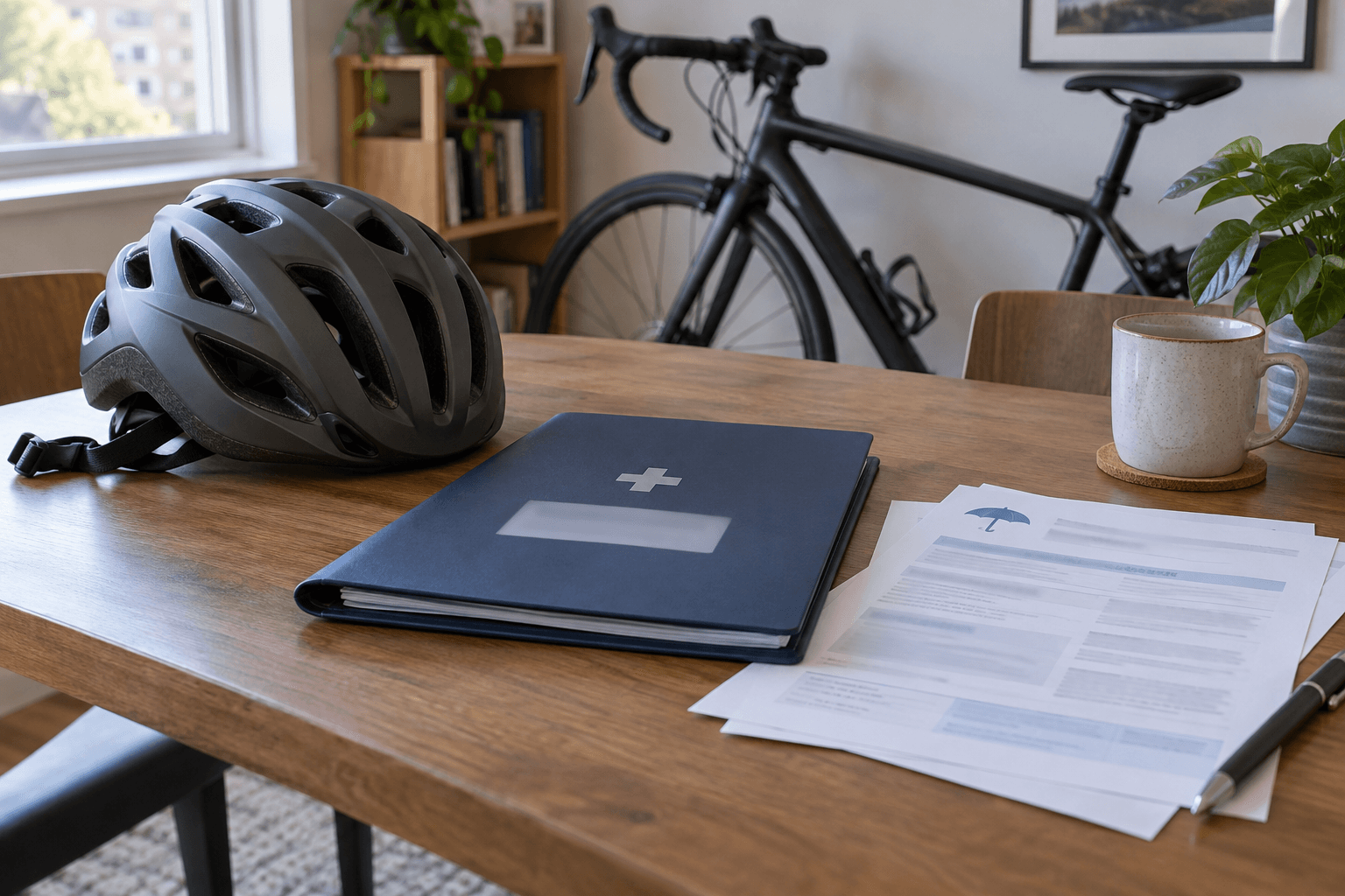 Bicycle safety gear and claim documents representing evidence and insurance issues after an Elkhart County bicycle crash.