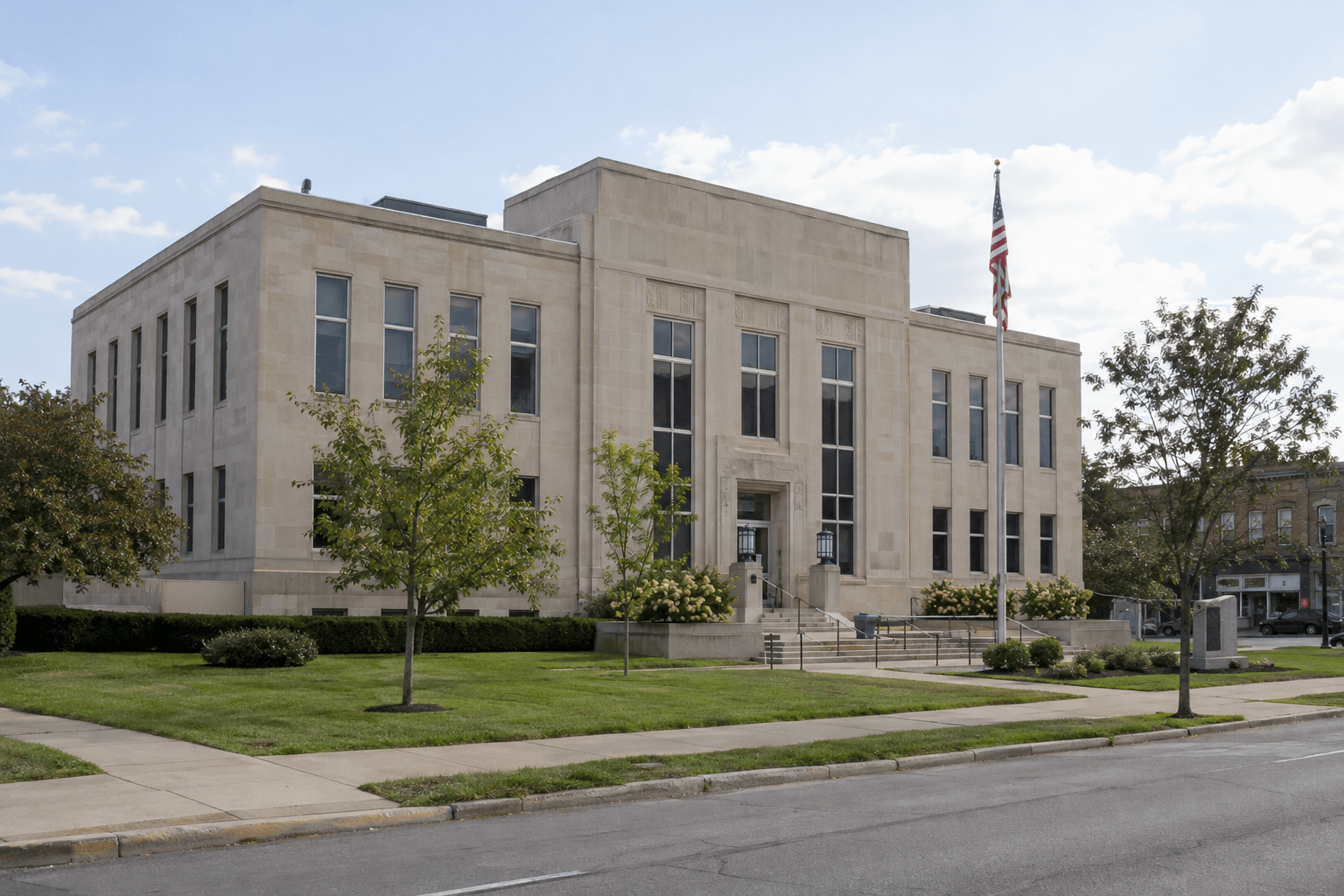 Public building exterior in Elkhart County, Indiana, representing the local investigation and legal process after a Goshen bicycle crash.