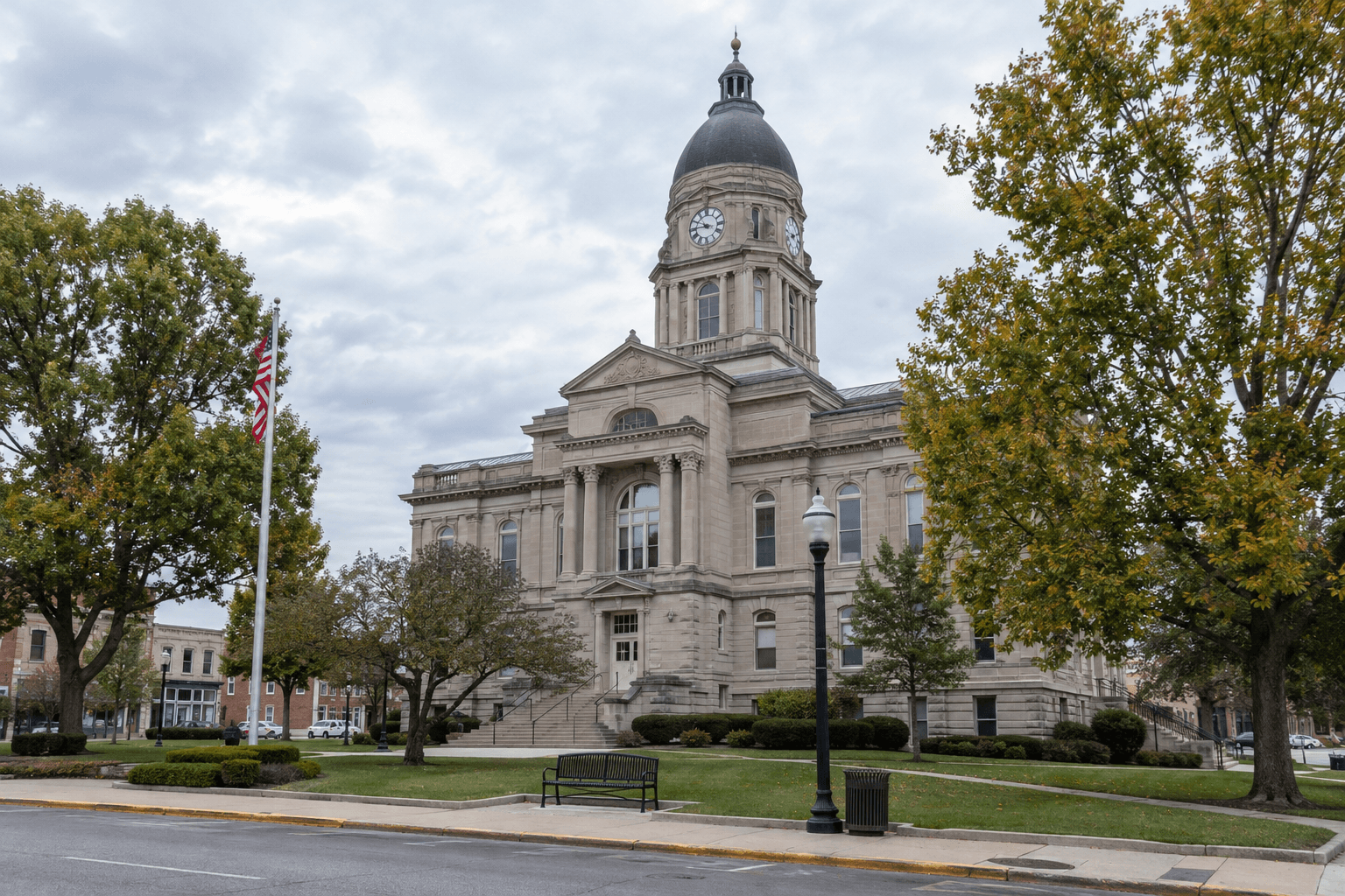 Indiana county courthouse setting representing the criminal and civil proceedings that may follow a fatal Dearborn County crash.