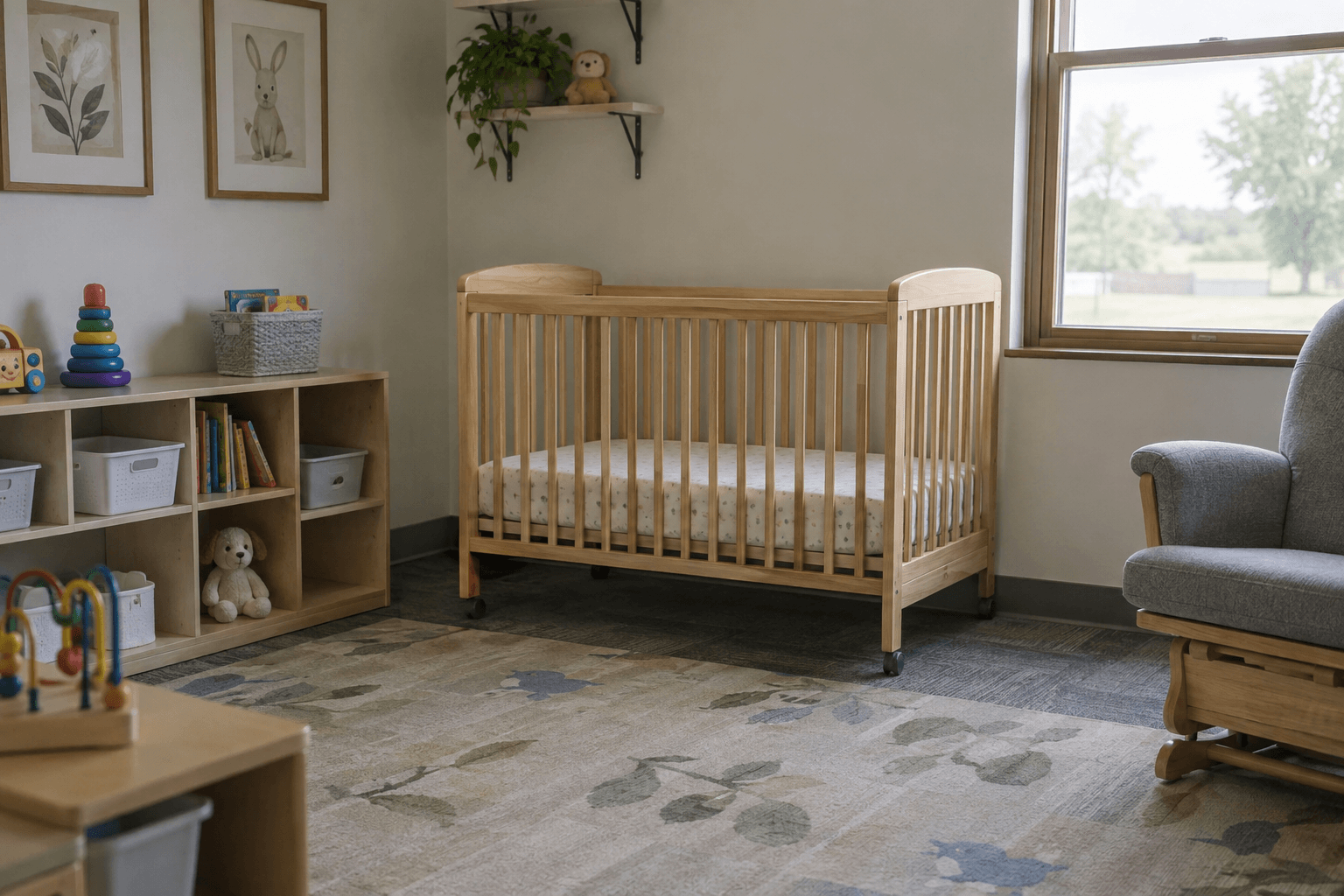 An empty child care room with a crib, illustrating the reported crib-related injury at a Bloomington facility.