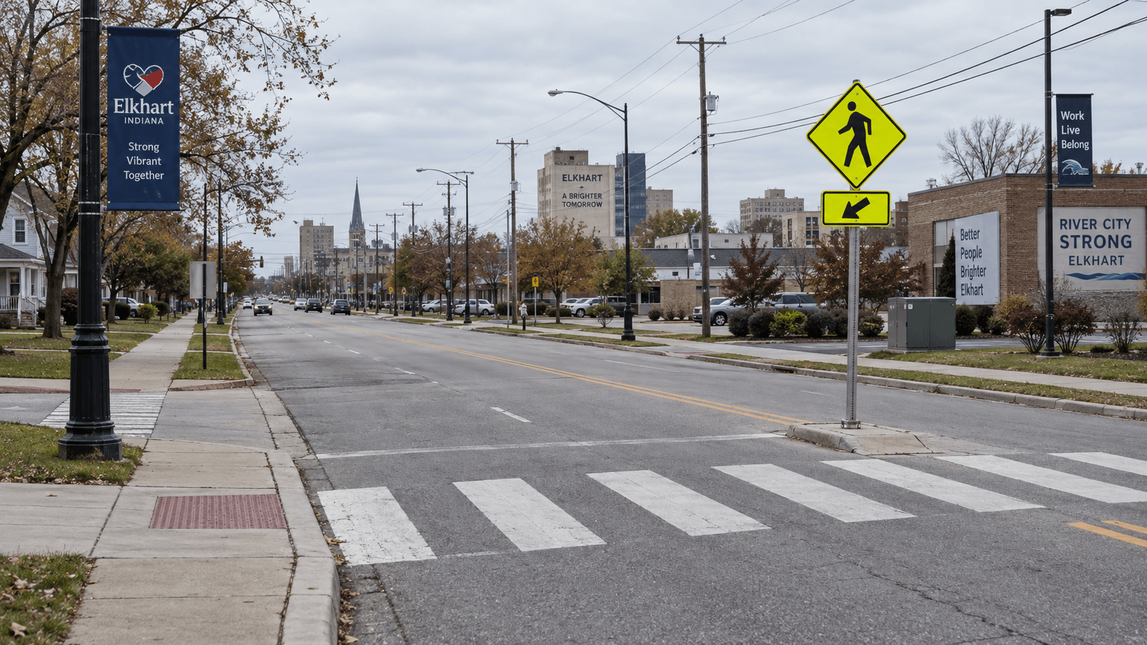 Roadway and pedestrian crossing area in Elkhart, Indiana, illustrating the location context of the fatal crash investigation.