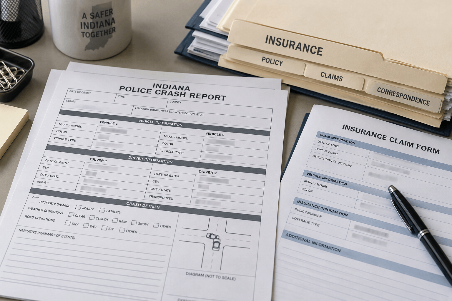 Crash report and insurance documents representing records families may gather after an Elkhart pedestrian crash.