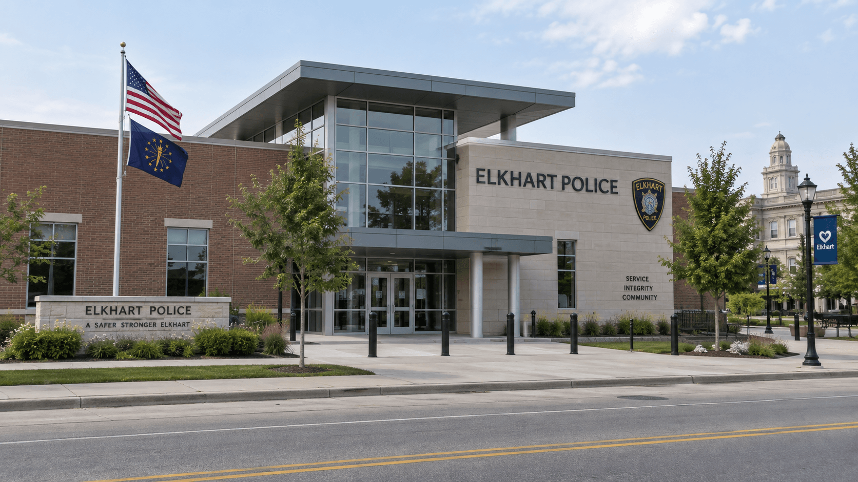 Police building exterior in Elkhart, representing the ongoing Fatal Crash Team investigation.
