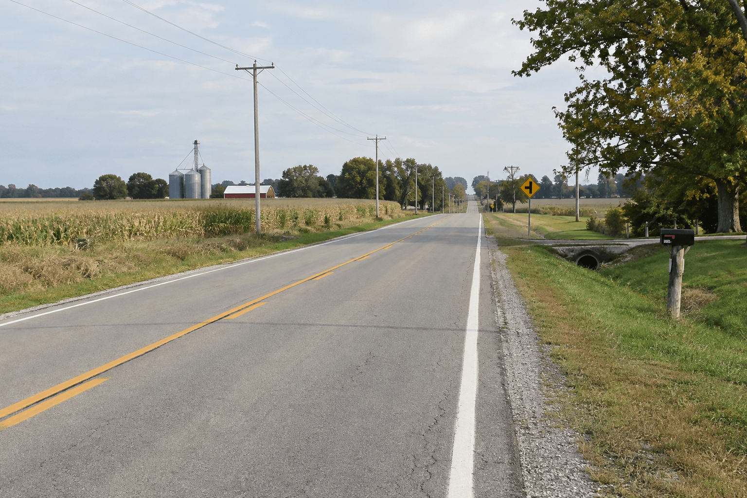 A rural Decatur County road similar to the area near Westport where the motorcycle crash occurred.