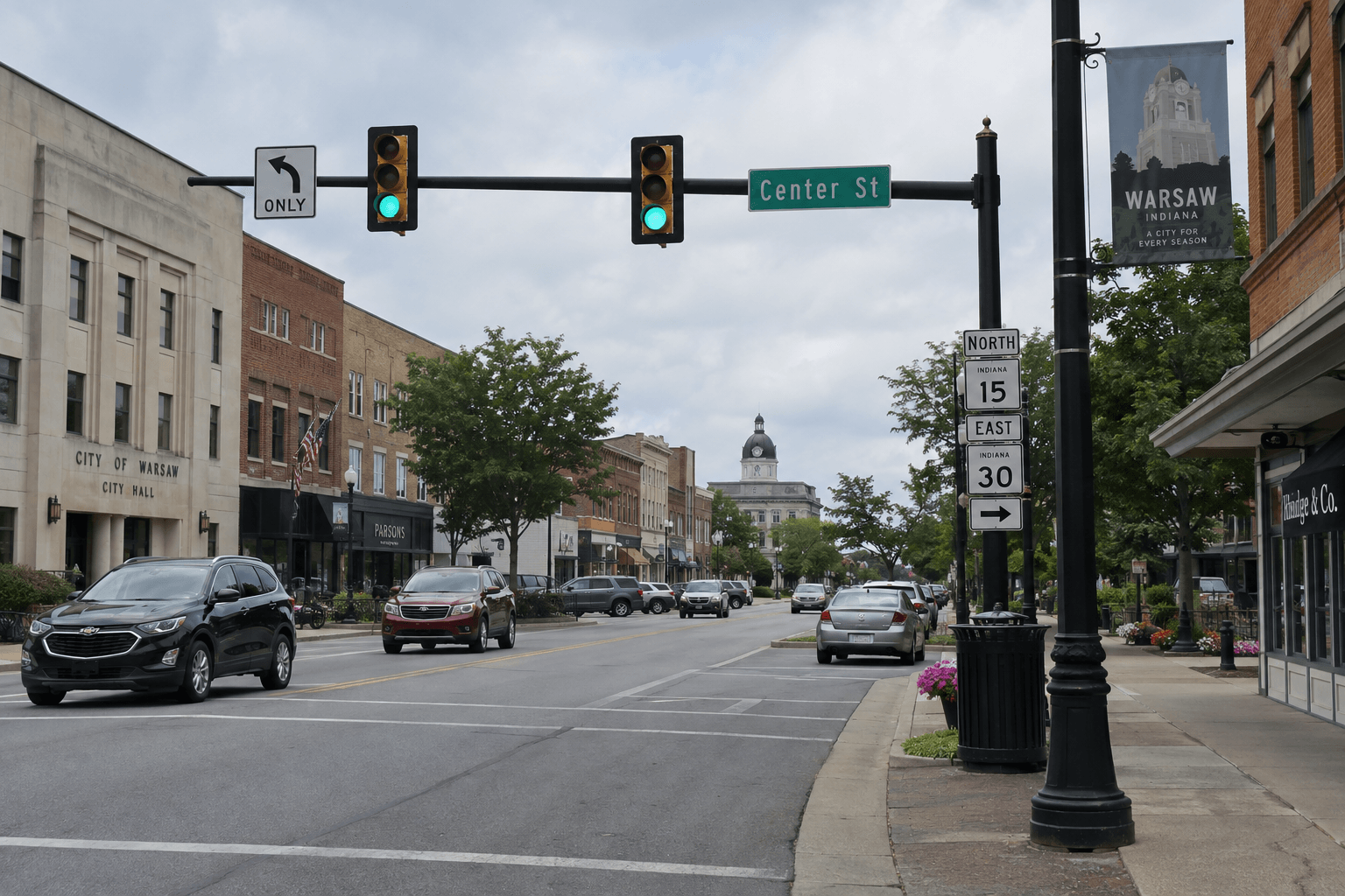 Street intersection in Warsaw, Indiana, illustrating the location of the reported injury hit-and-run.