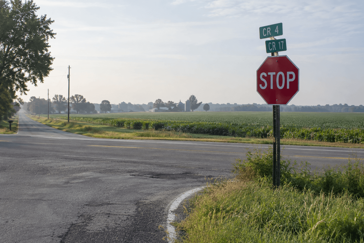 Rural Elkhart County intersection illustrating the location of the reported dump truck and SUV crash.