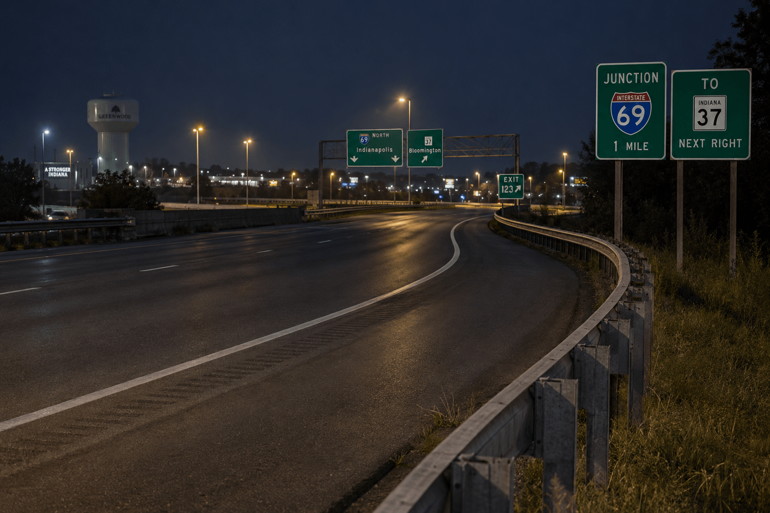 A nighttime highway curve and guardrail illustrate the location of the motorcycle crash on State Road 106 near US 6 in Bremen.