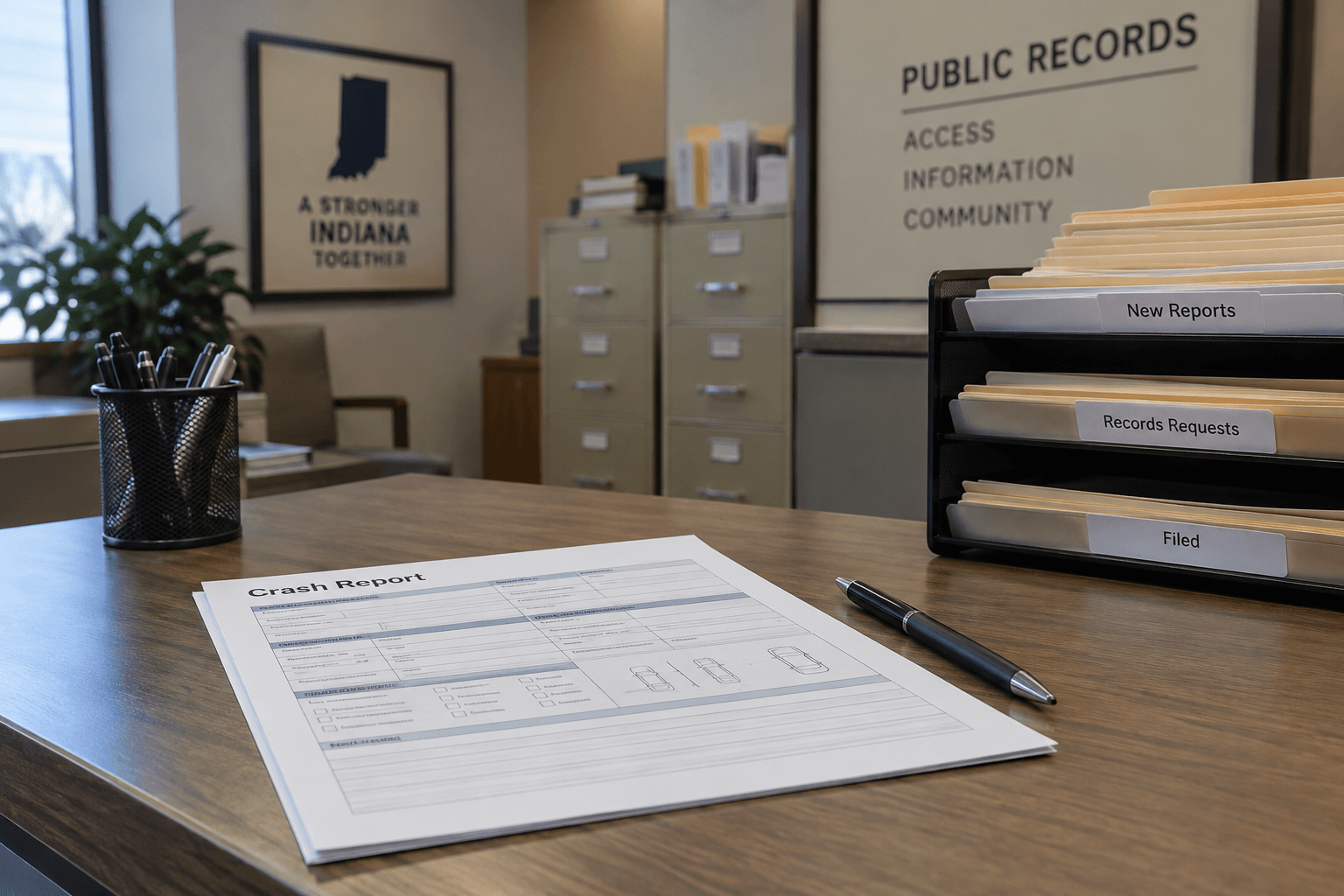 A generic Indiana crash report and organized records represent the documentation that may matter after a Marshall County motorcycle crash.