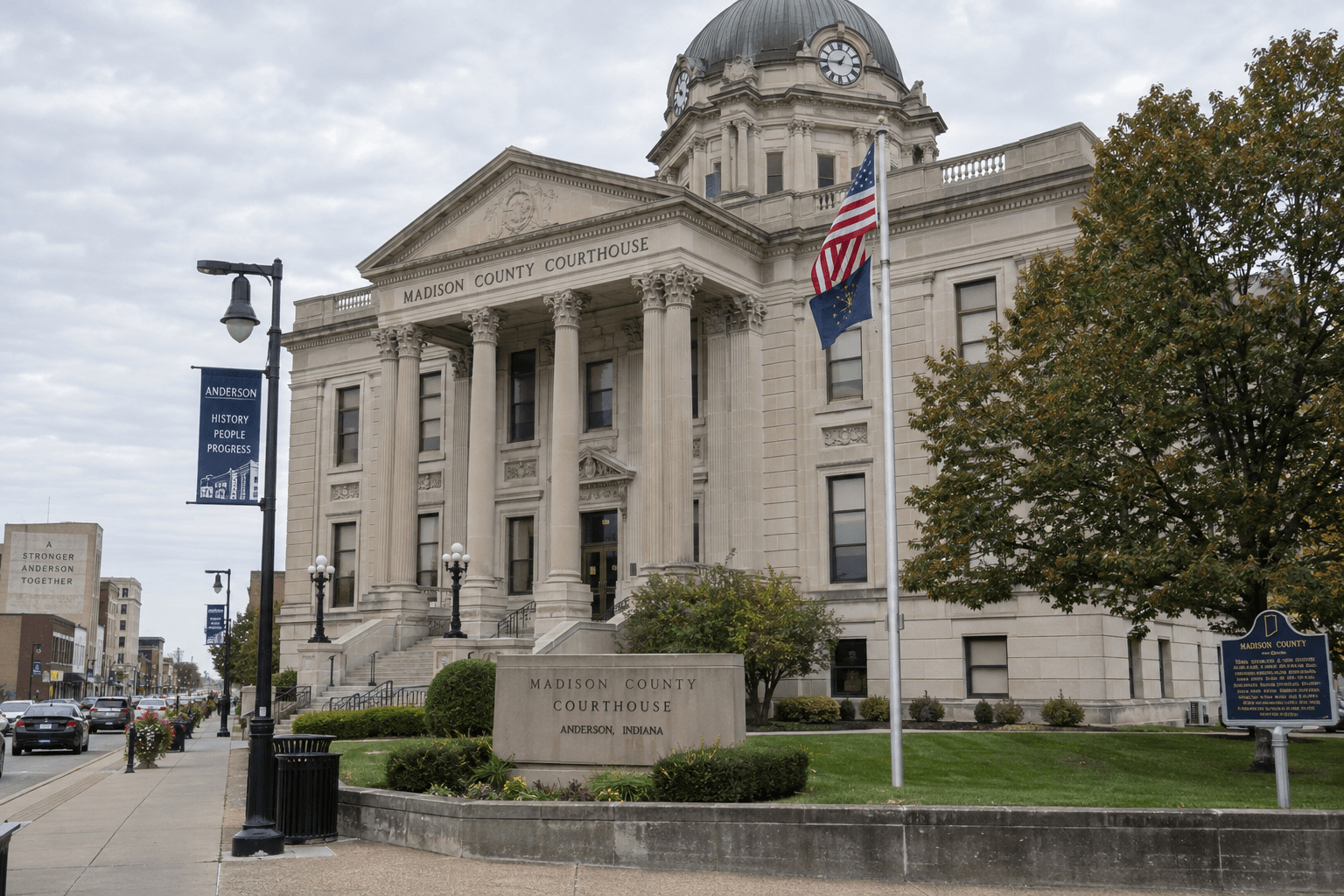 Madison County courthouse exterior in Anderson, relevant to potential court proceedings and injury claims arising from the reported crash.