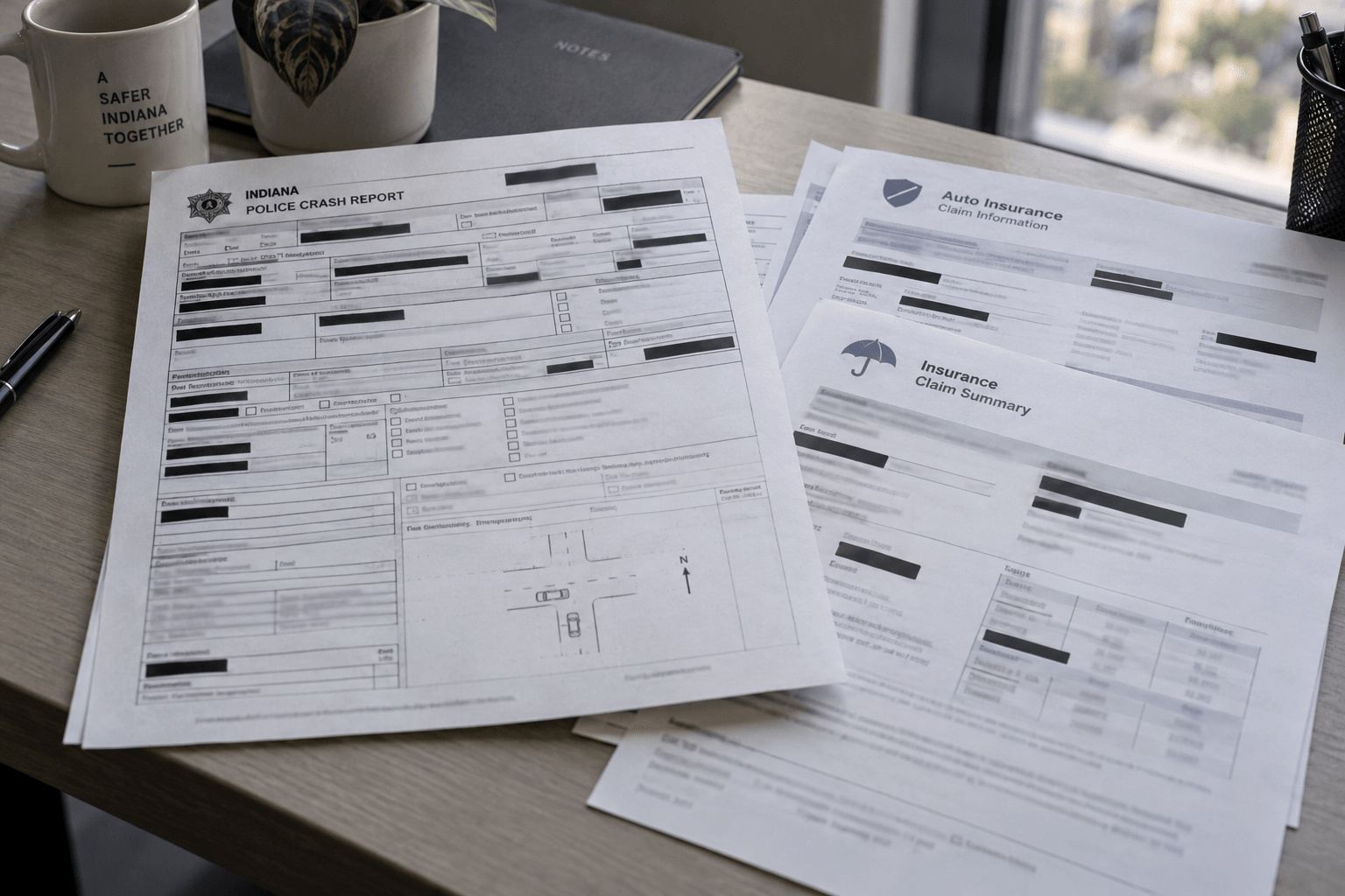 Crash report and insurance documents representing records that may matter after a serious passenger injury in Indiana.