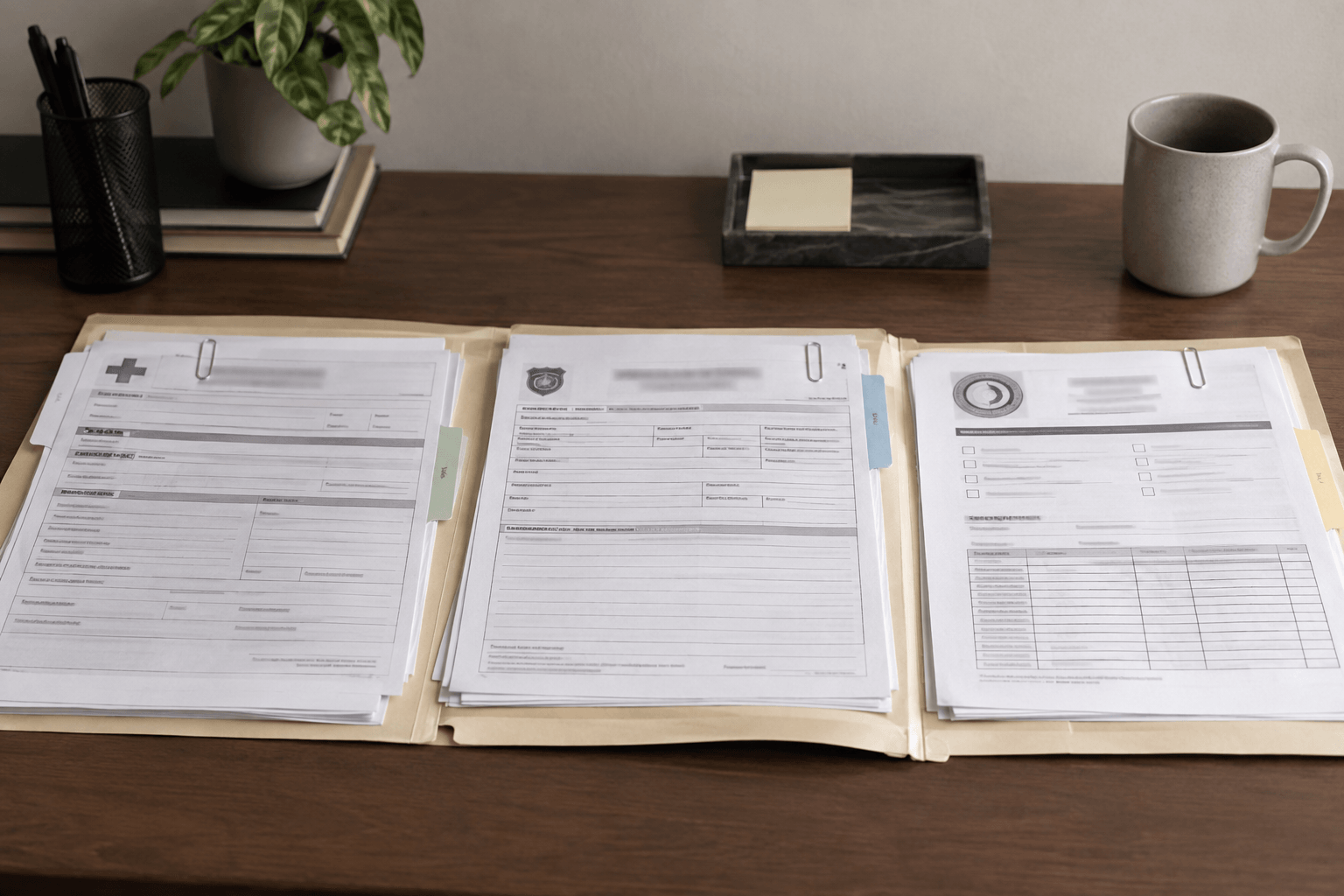 Generic police, hospital, and coroner paperwork representing records families may organize after a fatal Indianapolis incident.