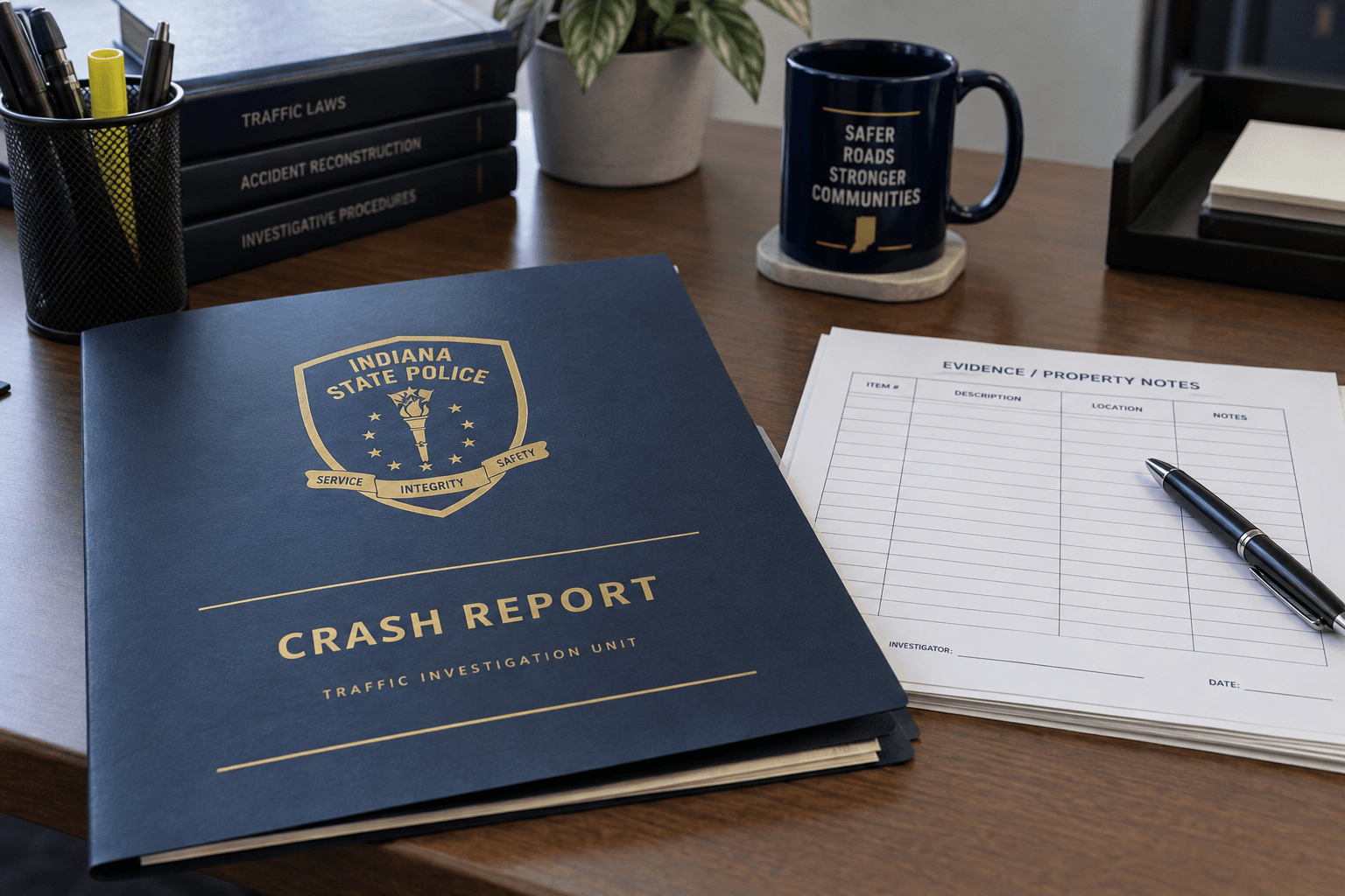 Crash-report and evidence records representing the ongoing Indiana State Police investigation into the Jasper County rollover.