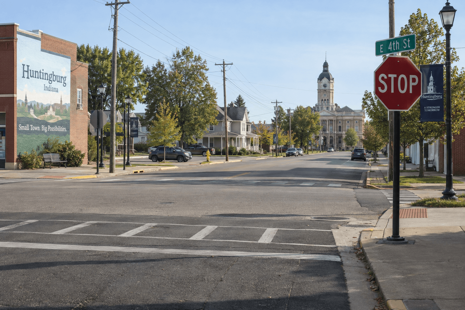 Roadway view of the Main Street and 19th Street area in Huntingburg, where two pickup trucks collided.