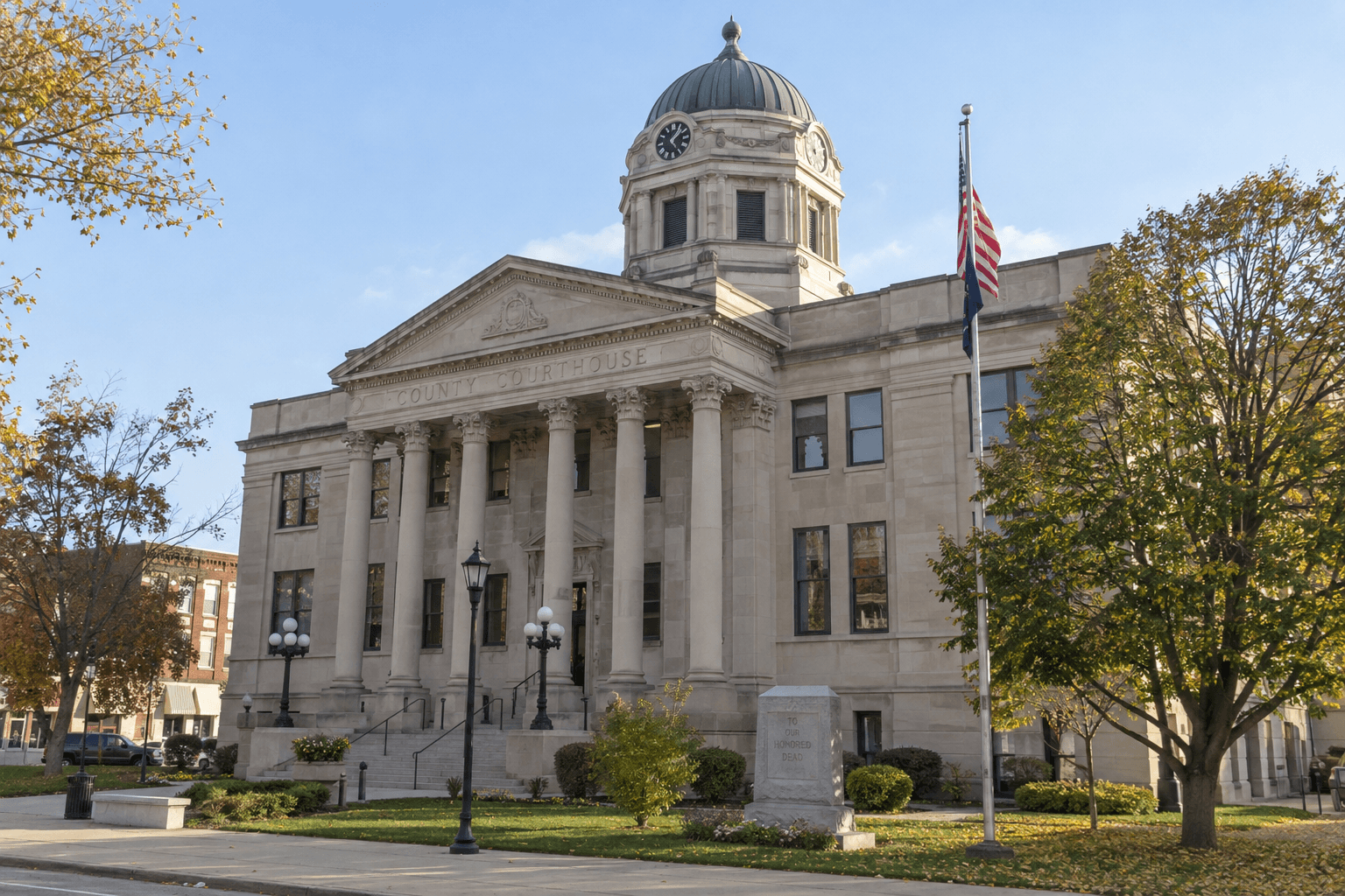 County courthouse exterior representing the Dubois County legal process after a fatal Huntingburg traffic crash.