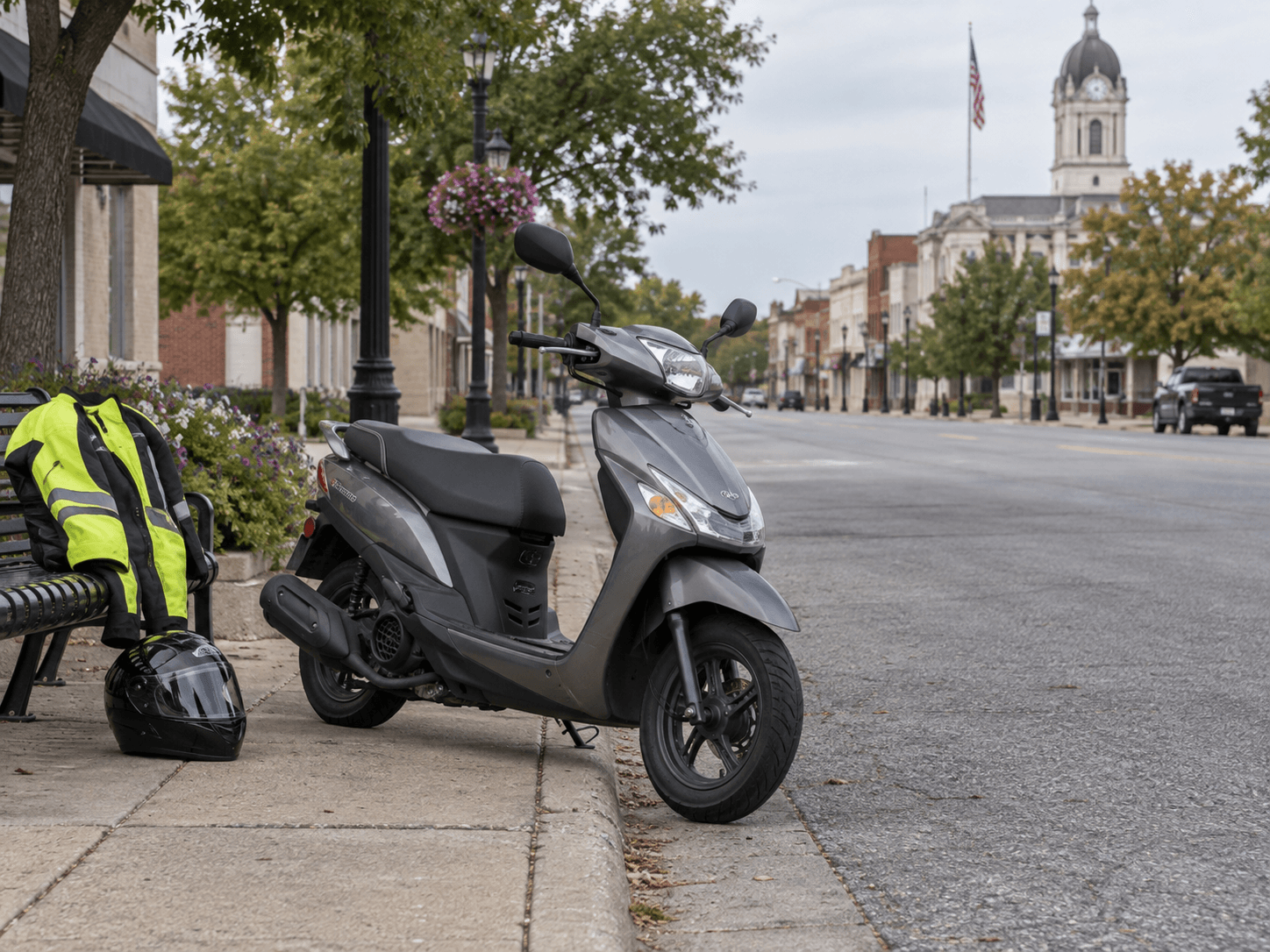 Scooter and safety gear beside a Plymouth city street, illustrating rider visibility and safety after the Marshall County crash.
