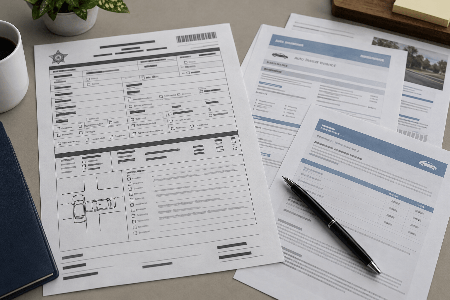 Crash-report and insurance documents representing records that may matter after a Plymouth scooter accident.