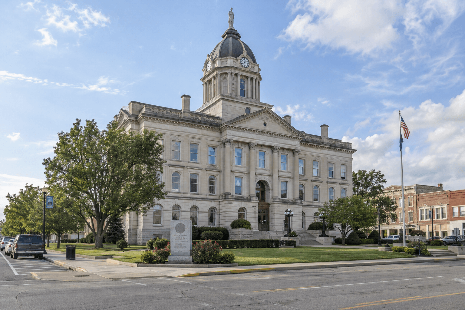 Marshall County courthouse in Plymouth, representing the local legal setting for an injury claim arising from a scooter crash.