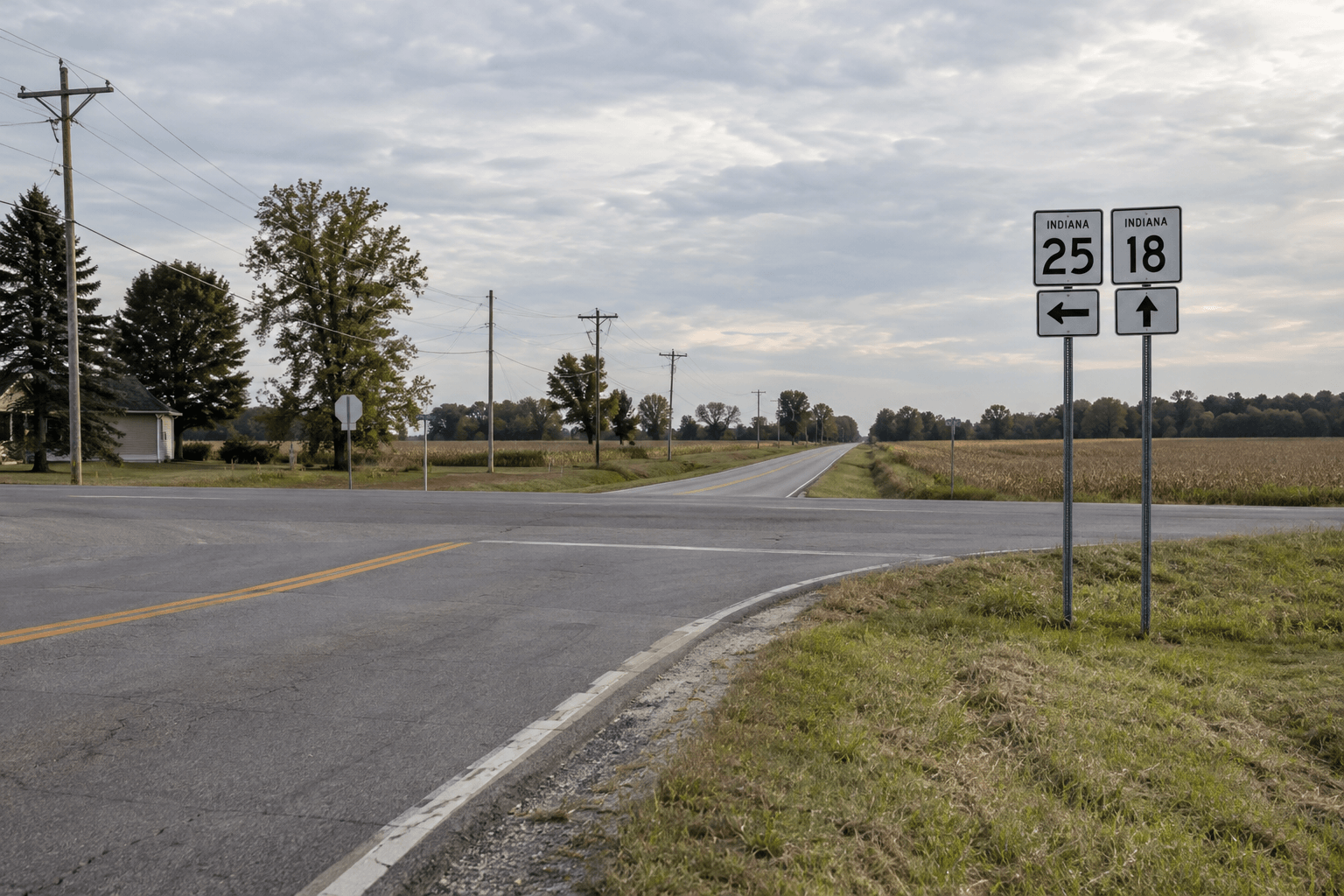 Indiana highway intersection scenery representing the State Road 218 and State Road 25 crash location near Delphi.
