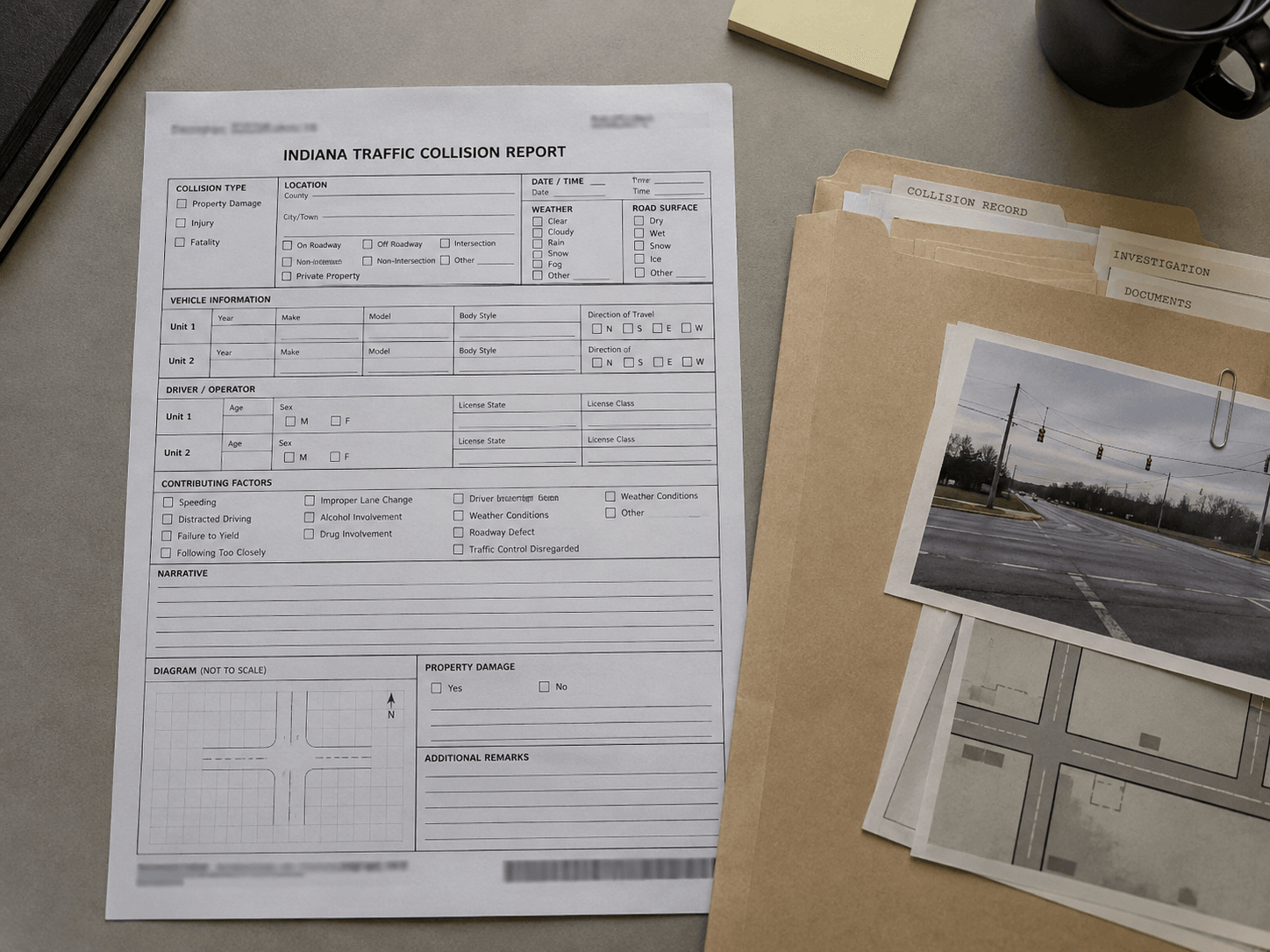 Crash-report paperwork and organized records illustrating documentation after a Ripley County vehicle collision.