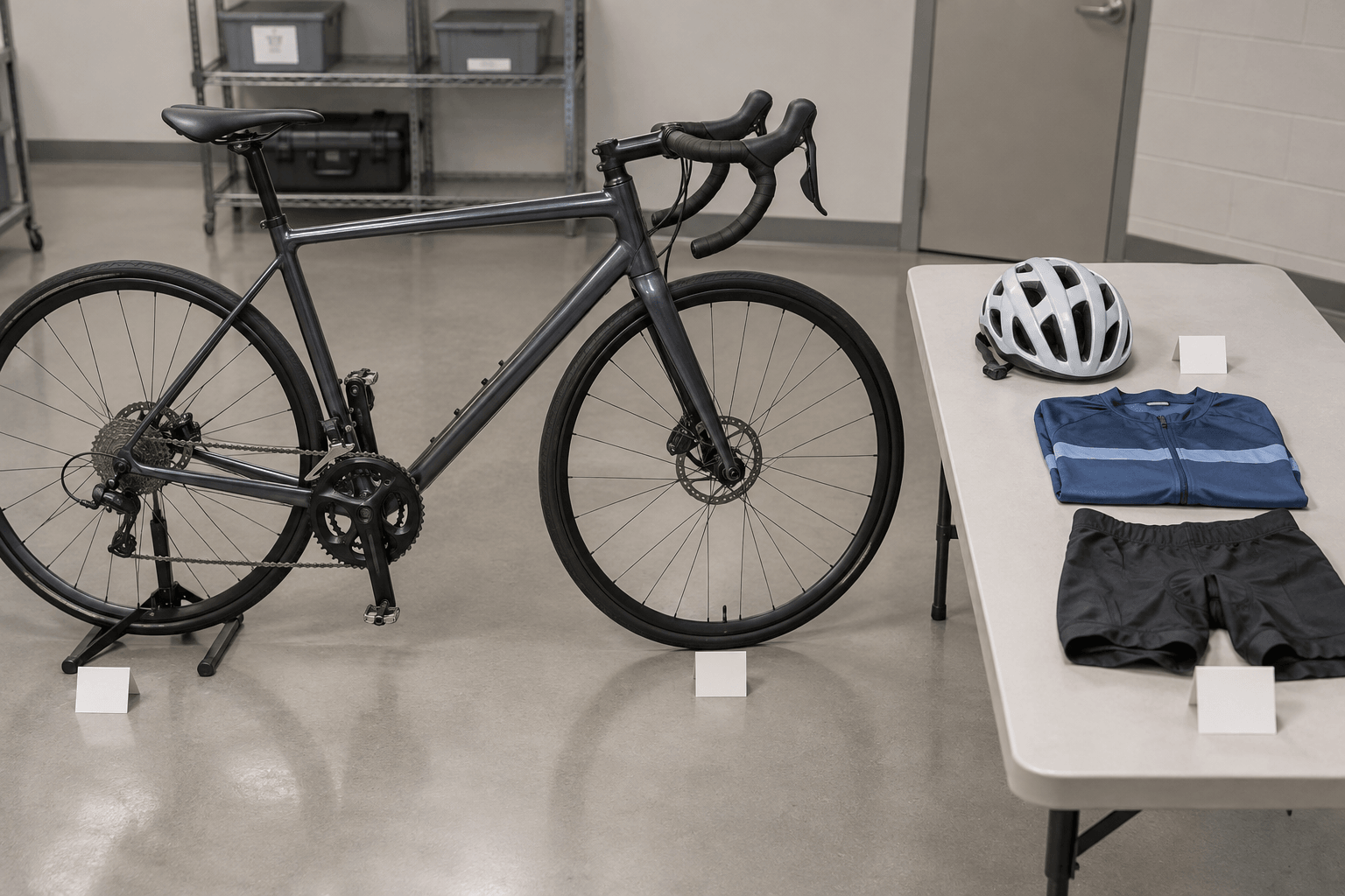 Bicycle, helmet, and clothing preserved as potential evidence after a Fulton County bicycle crash.