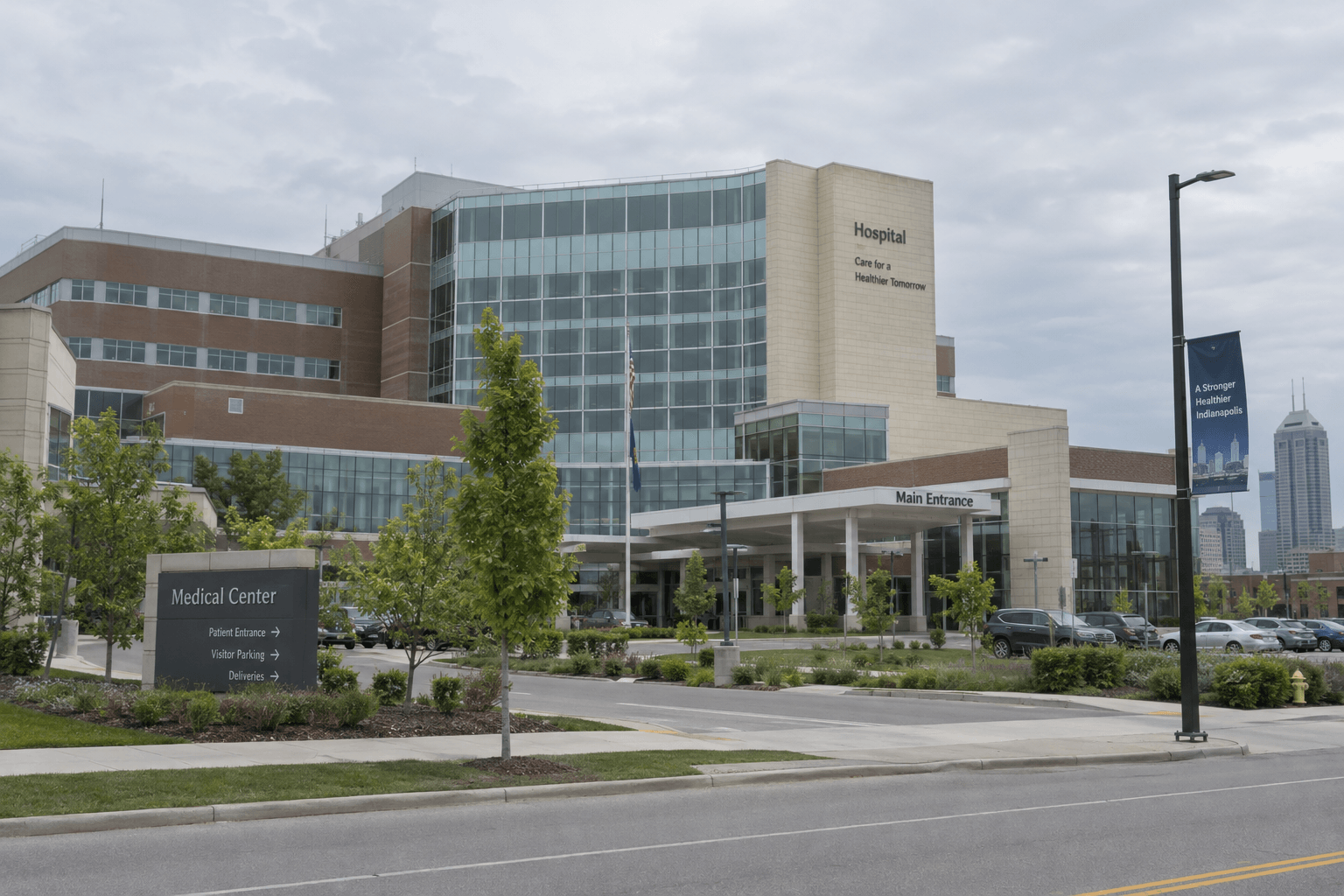 Indianapolis hospital exterior representing the medical care reported after the North Bradley Street shooting.