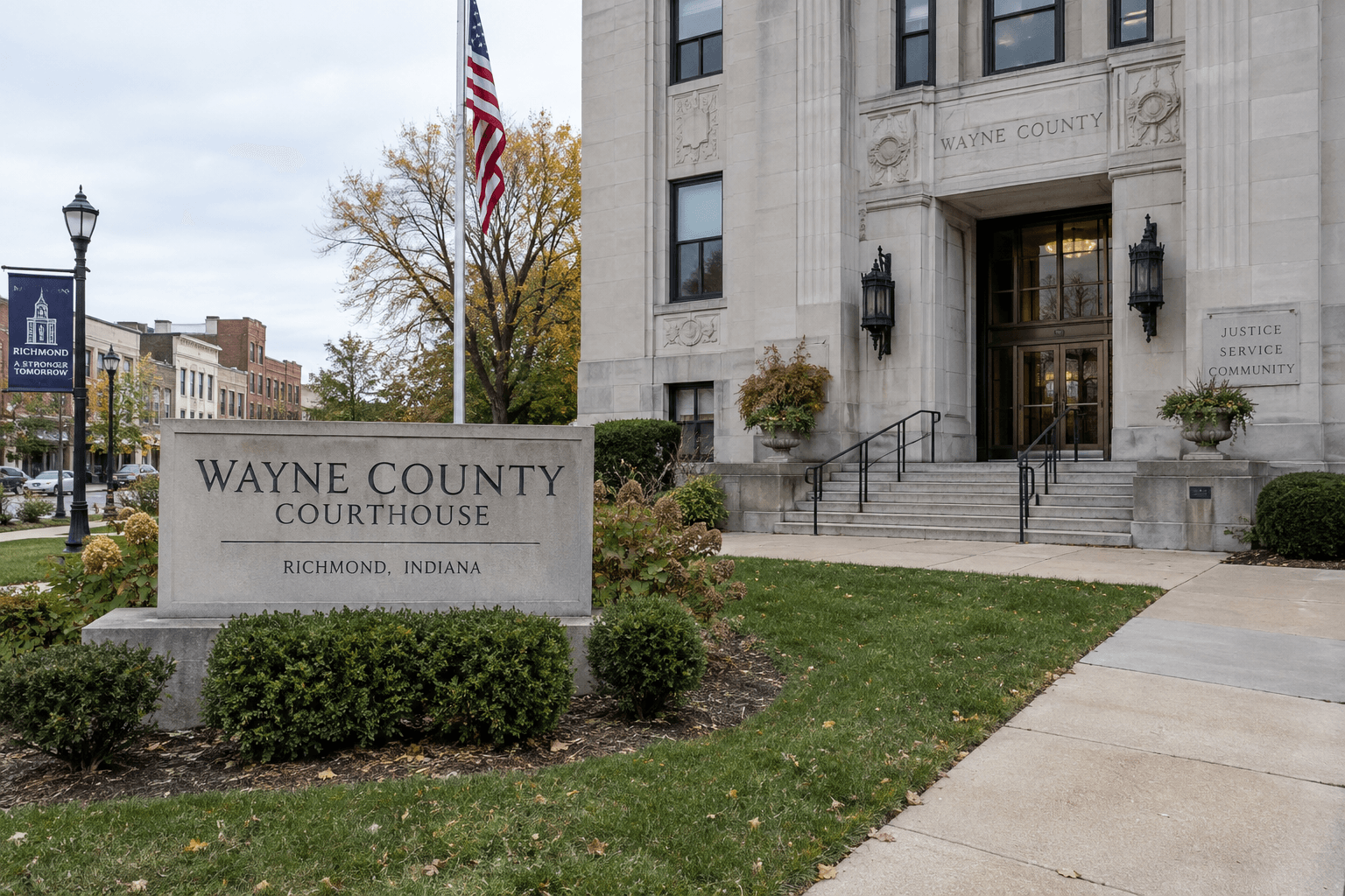 Wayne County civic building in Richmond, Indiana, representing the local agencies and court system connected with crash investigations.