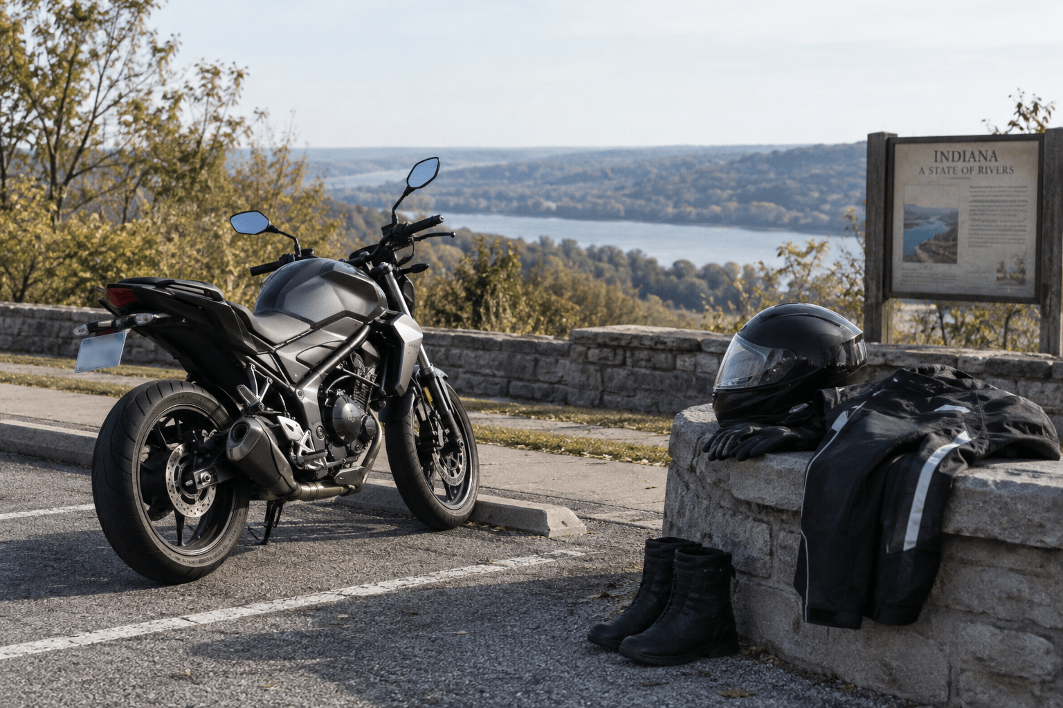 Undamaged motorcycle and protective riding gear illustrating safety considerations for riders on State Road 16 in Cass County.
