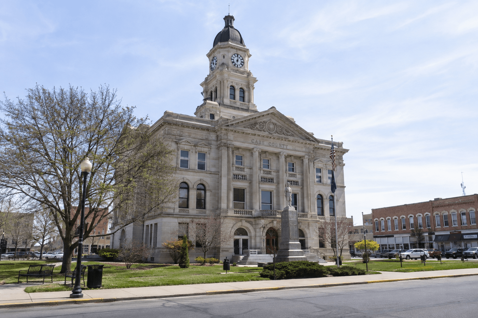 Cass County courthouse exterior representing the local reporting, investigation, and legal process following the State Road 16 motorcycle crash.