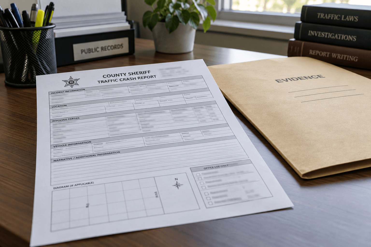 Crash-report paperwork representing the Steuben County Sheriff's Office investigation into the State Road 827 motorcycle crash.