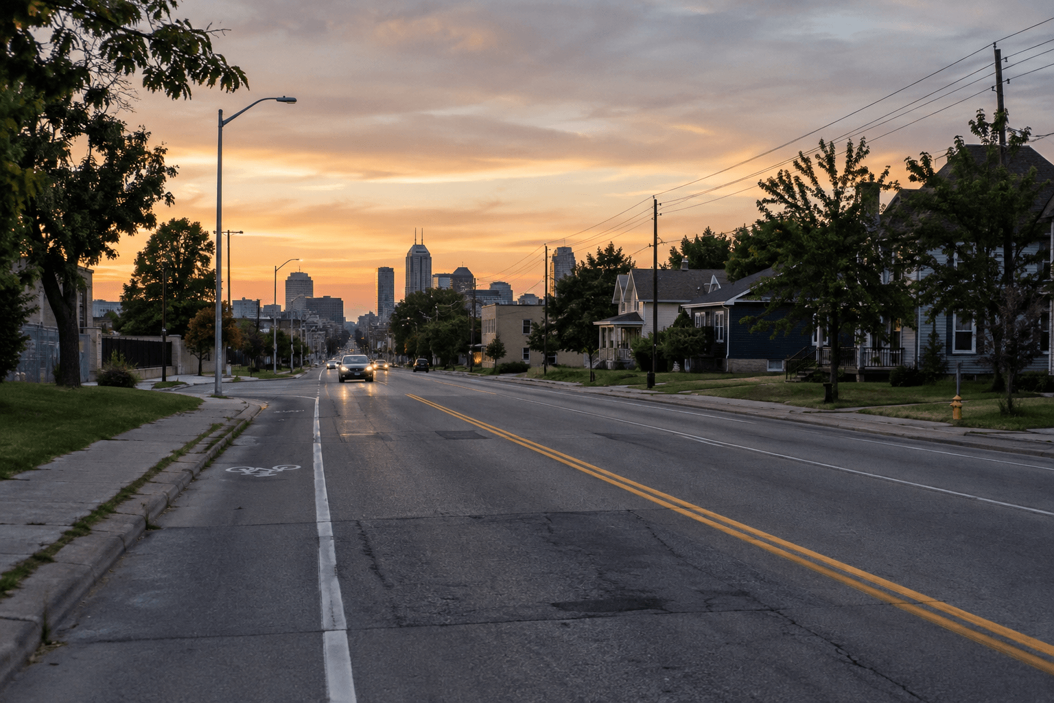 Double yellow center lines on an Indianapolis roadway, relevant to the reported Township Line Road crash.