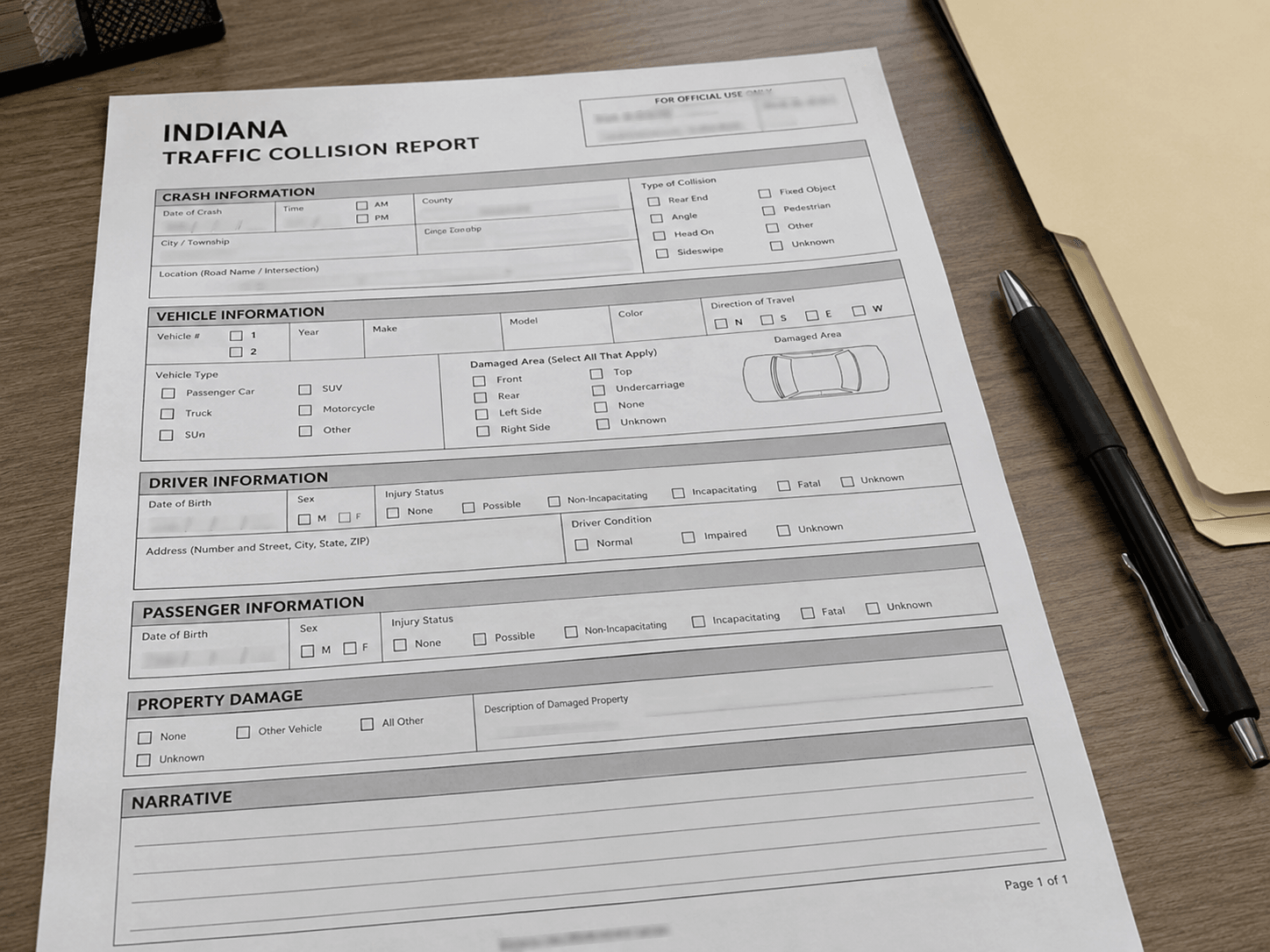 Generic Indiana crash-report paperwork illustrating records that may document a Warsaw intersection collision.