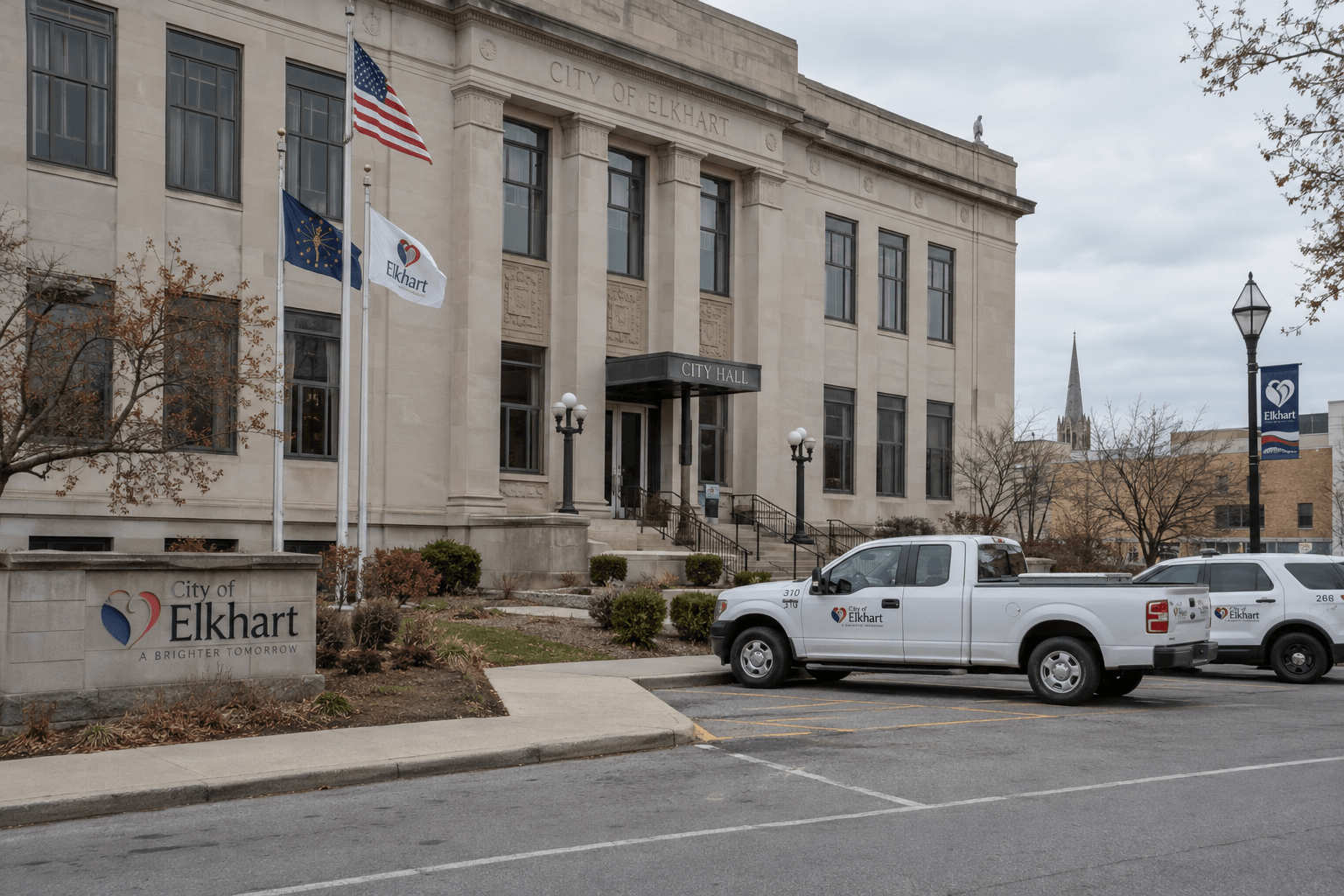 Municipal building in Elkhart, Indiana, representing the special notice rules that may apply when a city-owned vehicle is involved in a crash.
