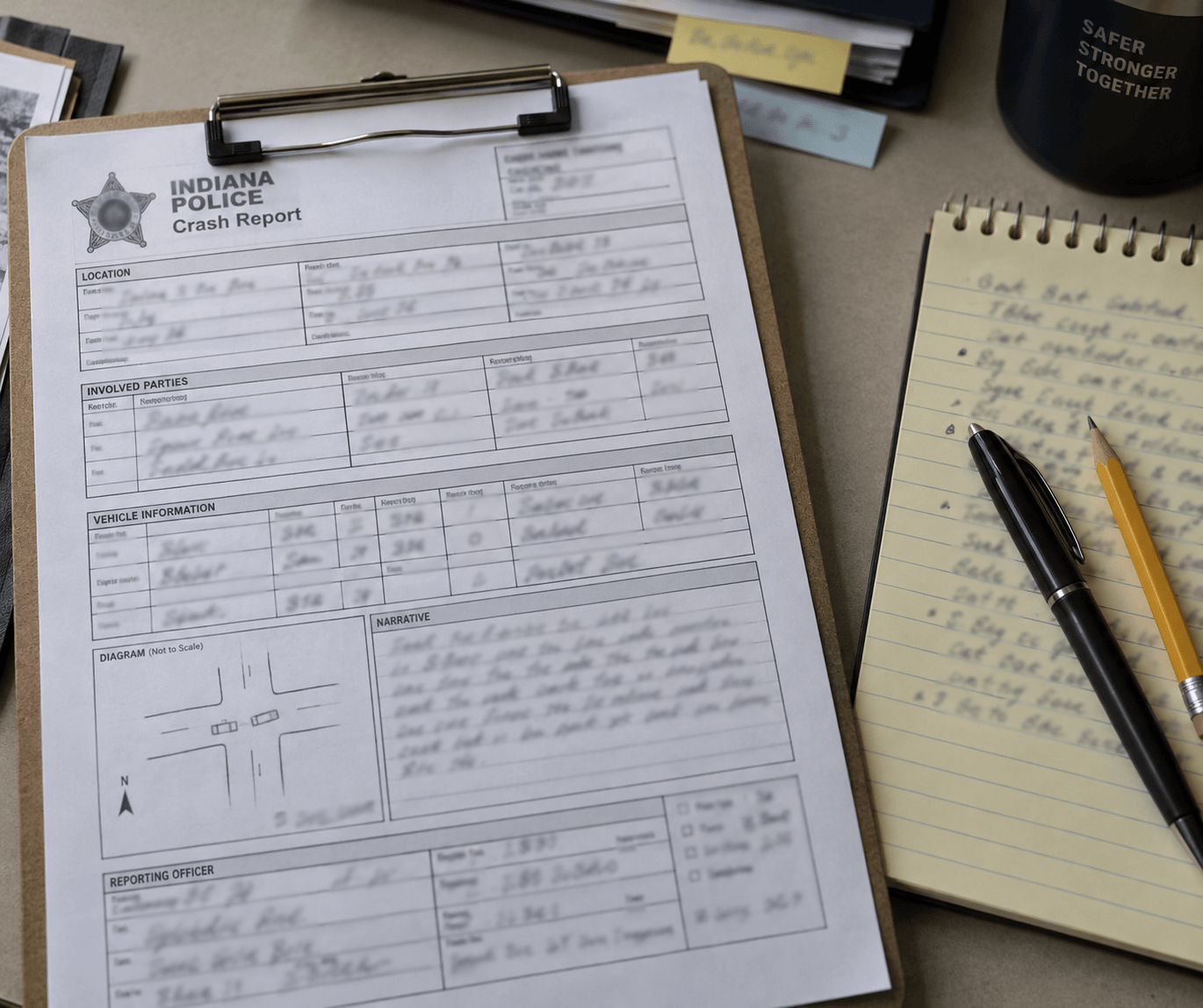 Generic Indiana crash-report paperwork illustrating the investigation and evidence-preservation process after a Monroe County motorcycle crash.