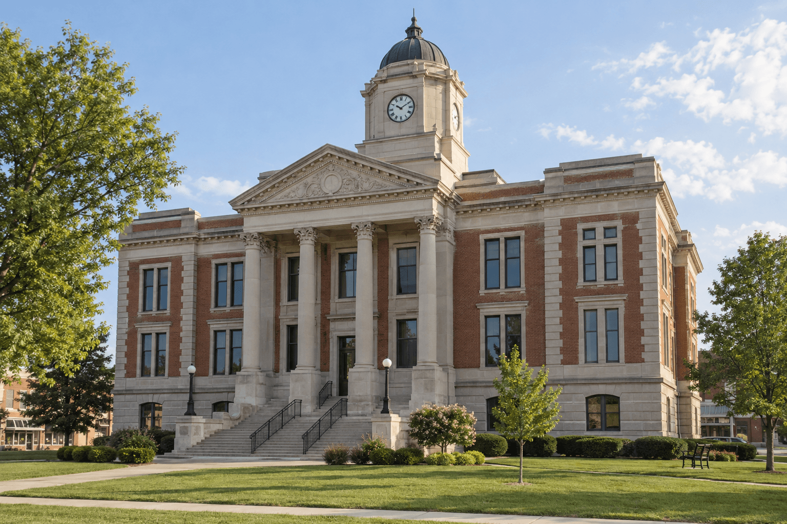 Indiana county courthouse exterior representing legal proceedings that may follow a fatal motorcycle crash in Monroe County.