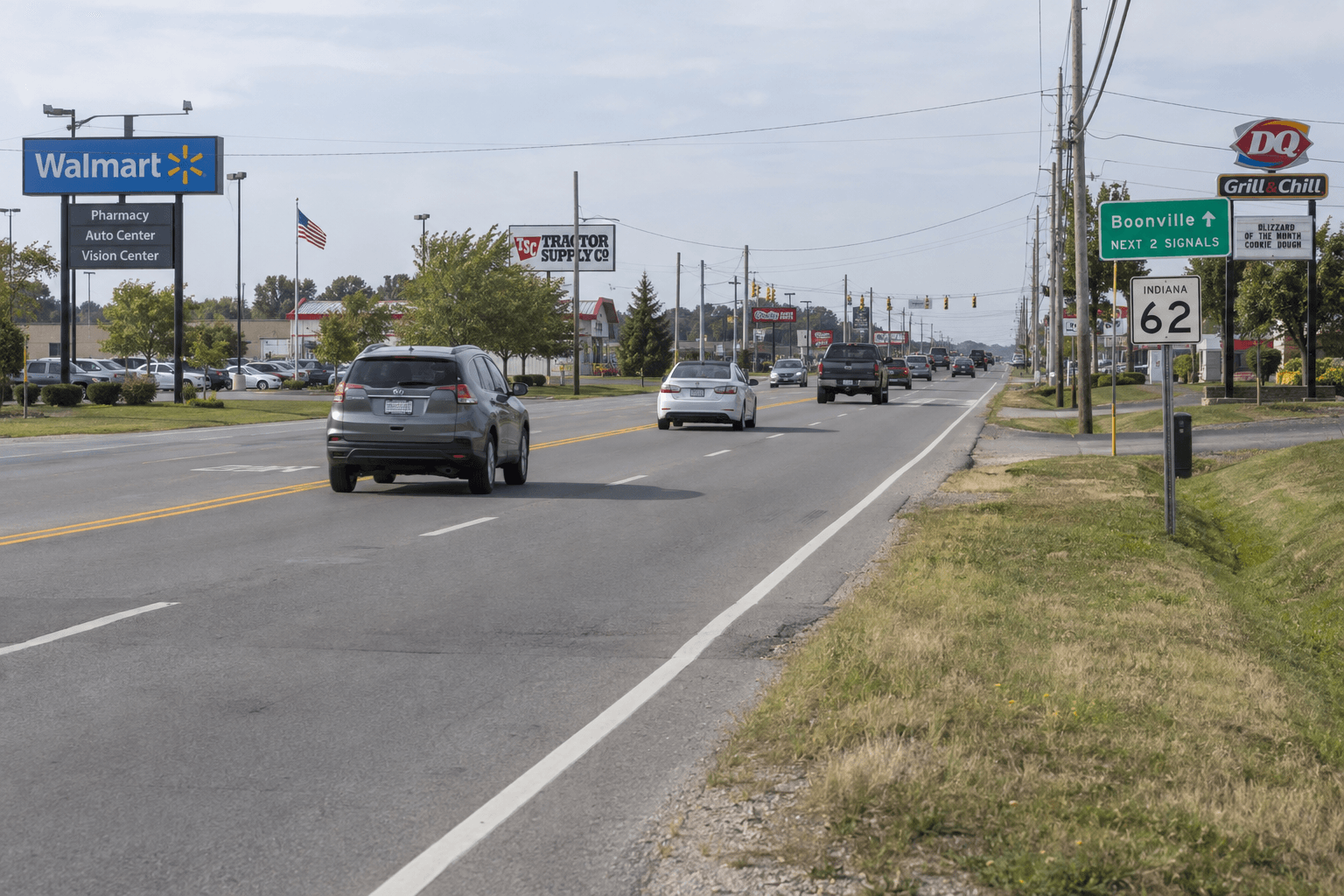 Highway 62 commercial corridor in Boonville, where a van reportedly entered a former car lot building.