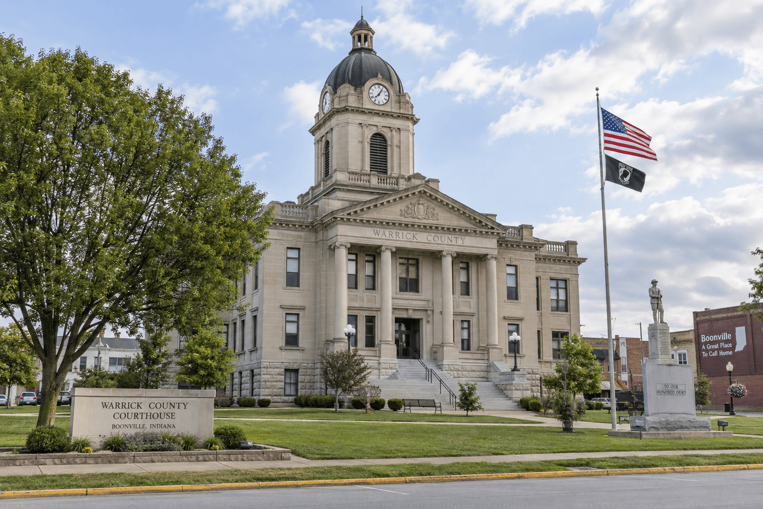 Warrick County courthouse in Boonville, representing the local jurisdiction connected with the Highway 62 crash investigation.