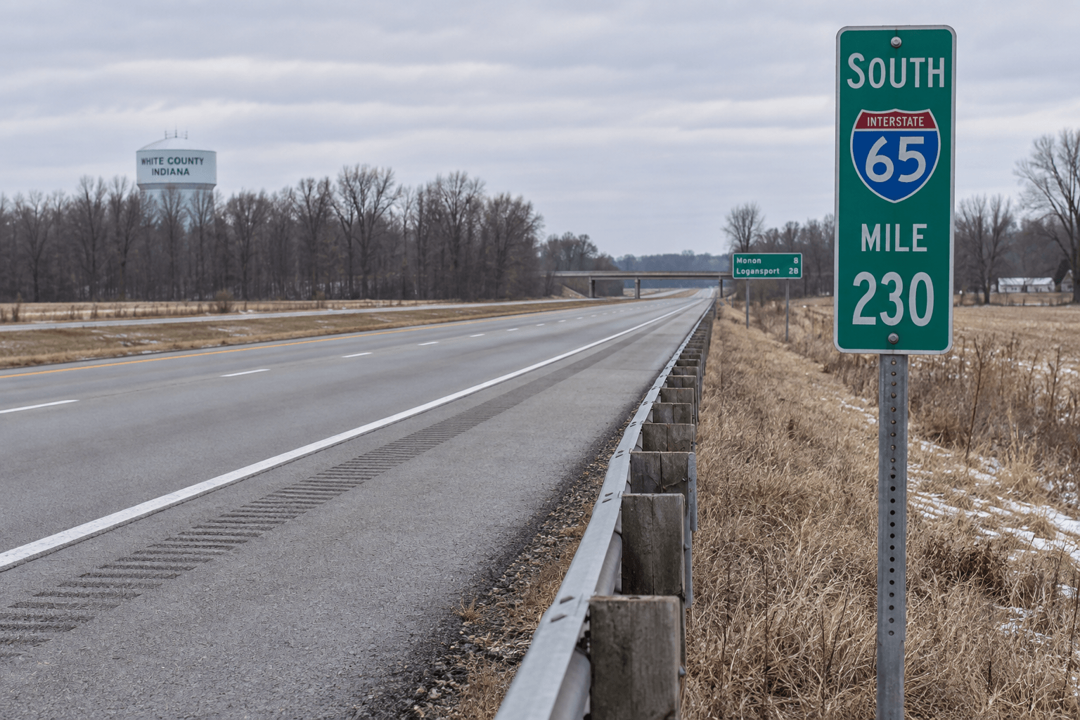 An Interstate 65 mile marker and highway shoulder in White County, near the reported location of the fatal semi crash.