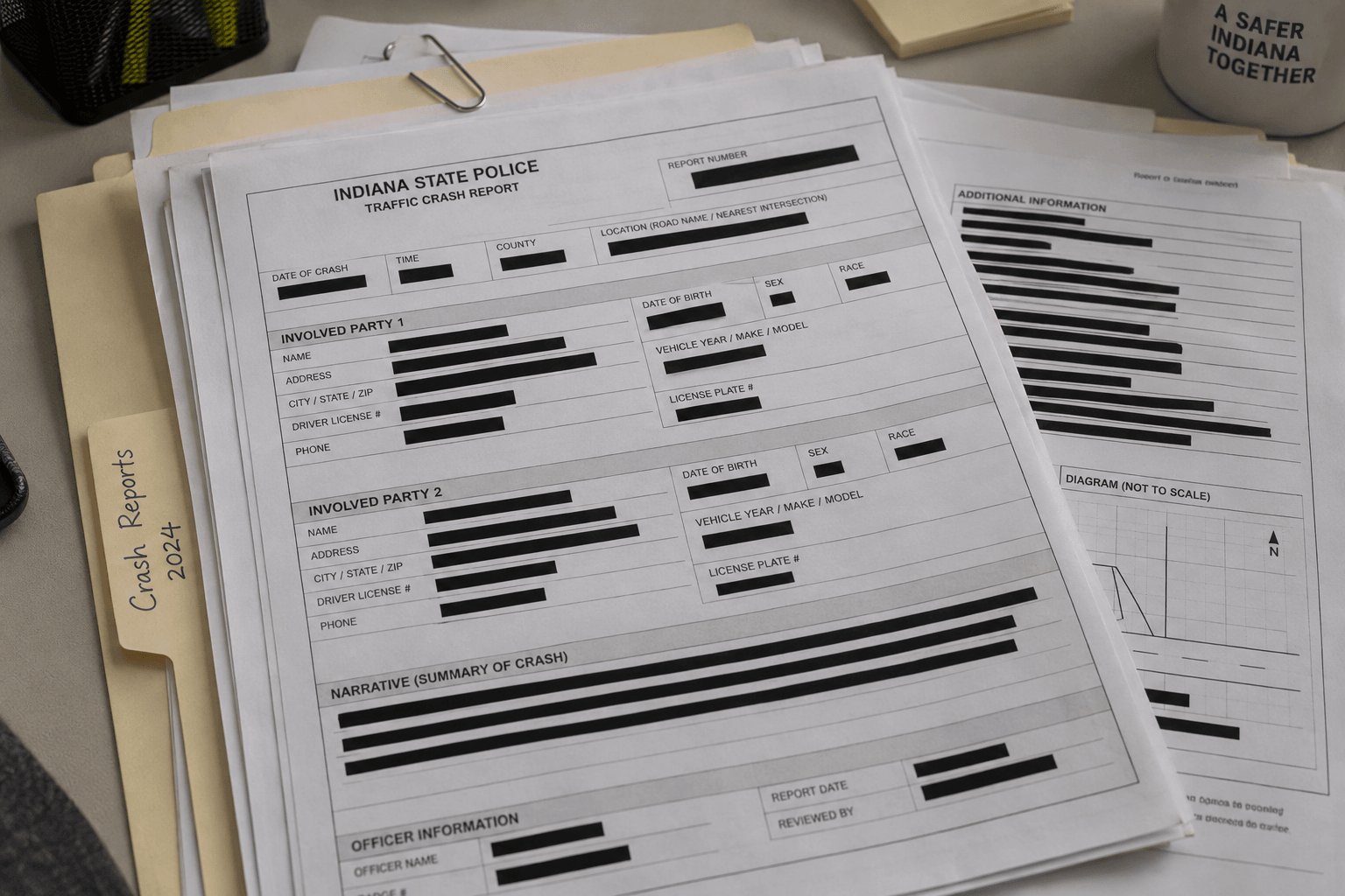 Crash-report documents representing the Indiana State Police investigation into the White County I-65 semi collision.