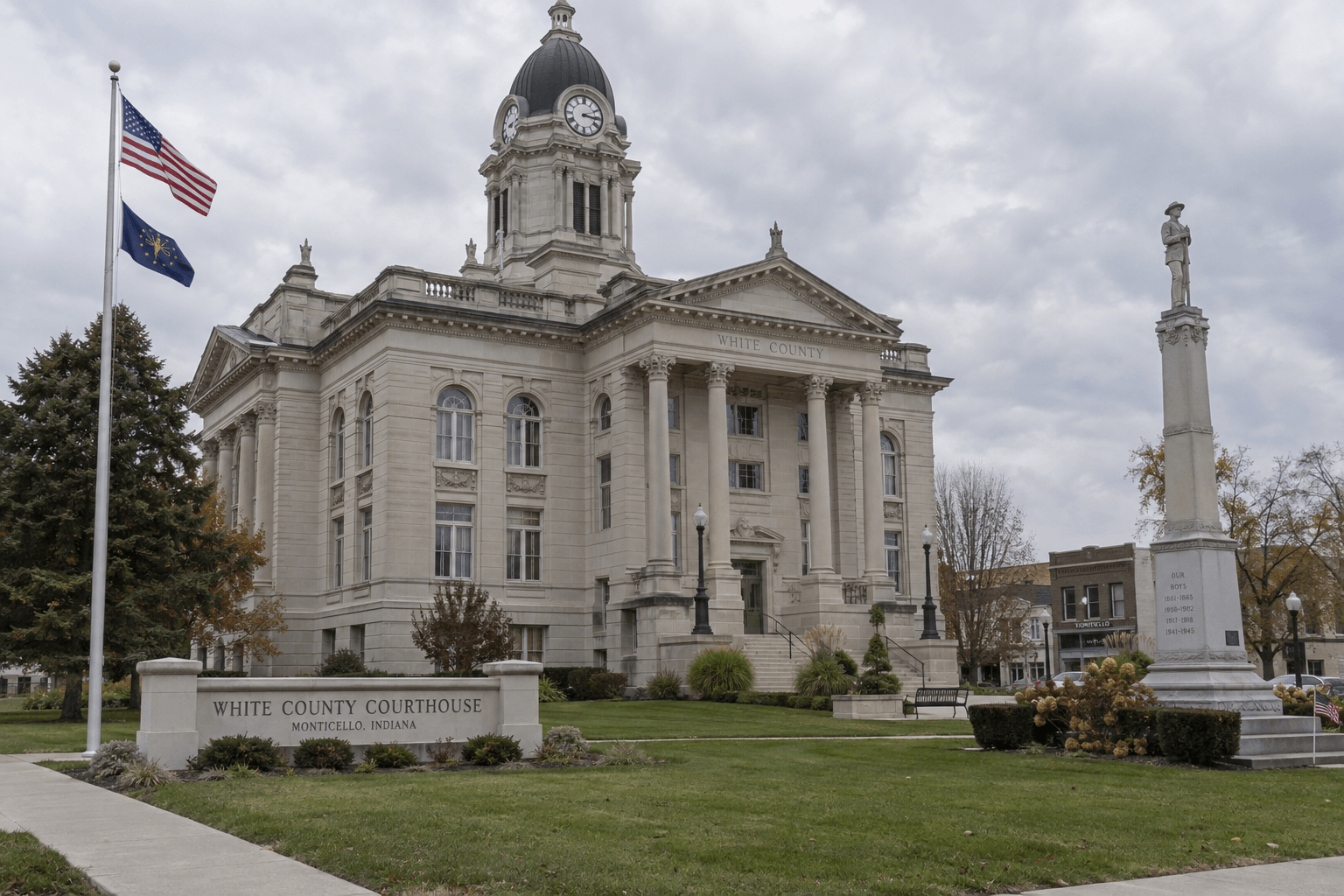 White County courthouse in Monticello, representing the local court and legal context of the fatal I-65 truck crash.