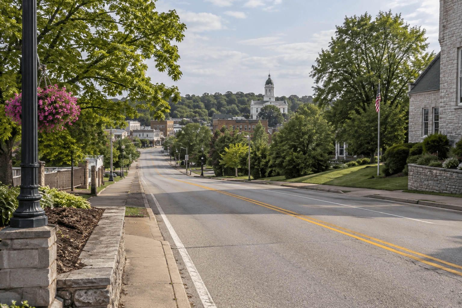 A Bedford roadway scene representing the Mount Pleasant Road fatal crash report in Lawrence County.