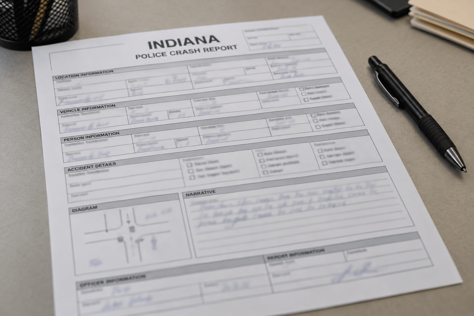 A generic Indiana crash-report document illustrating the records that may follow a fatal Bedford collision.