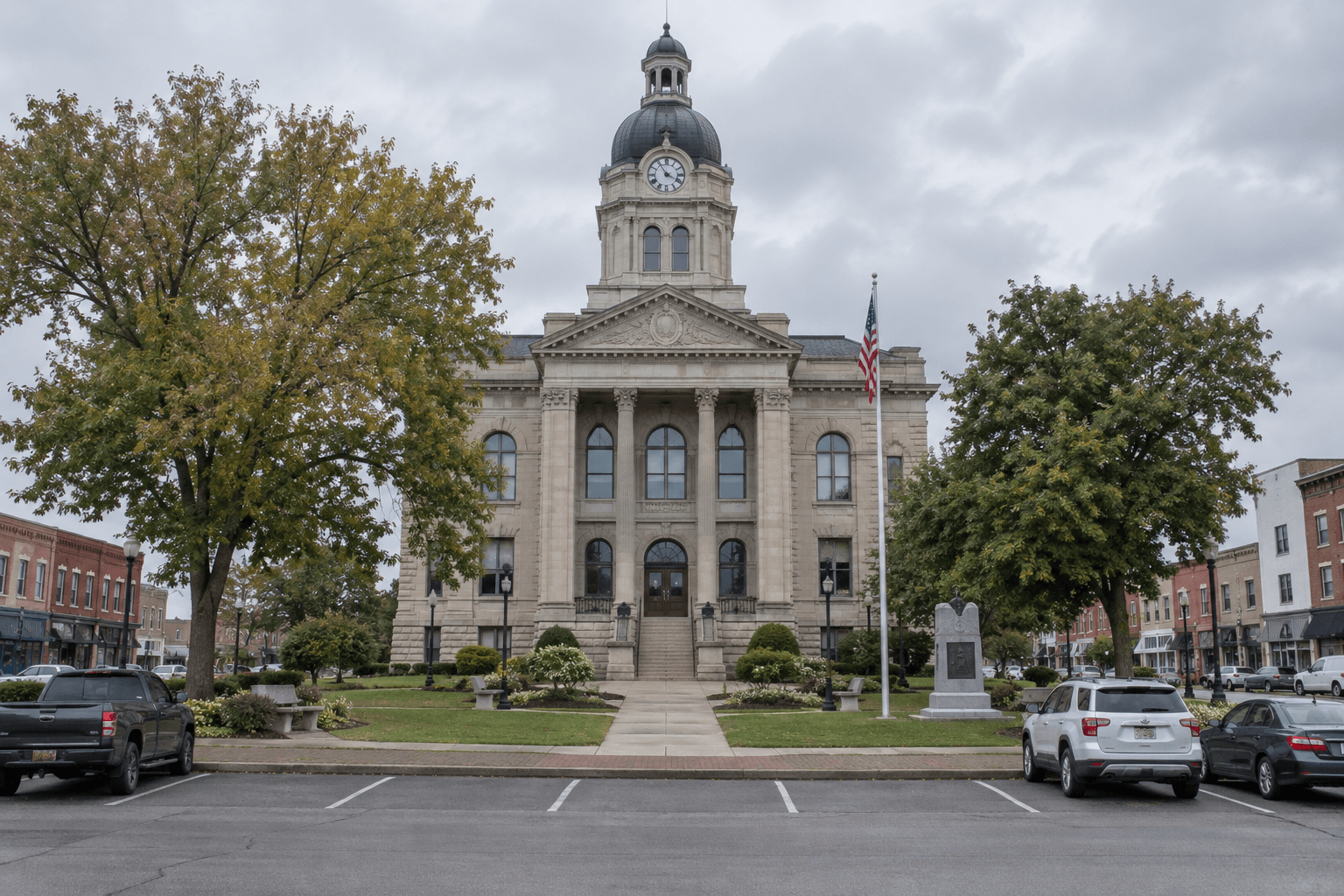 An Indiana county courthouse exterior representing Lawrence County legal proceedings that may follow a fatal crash.