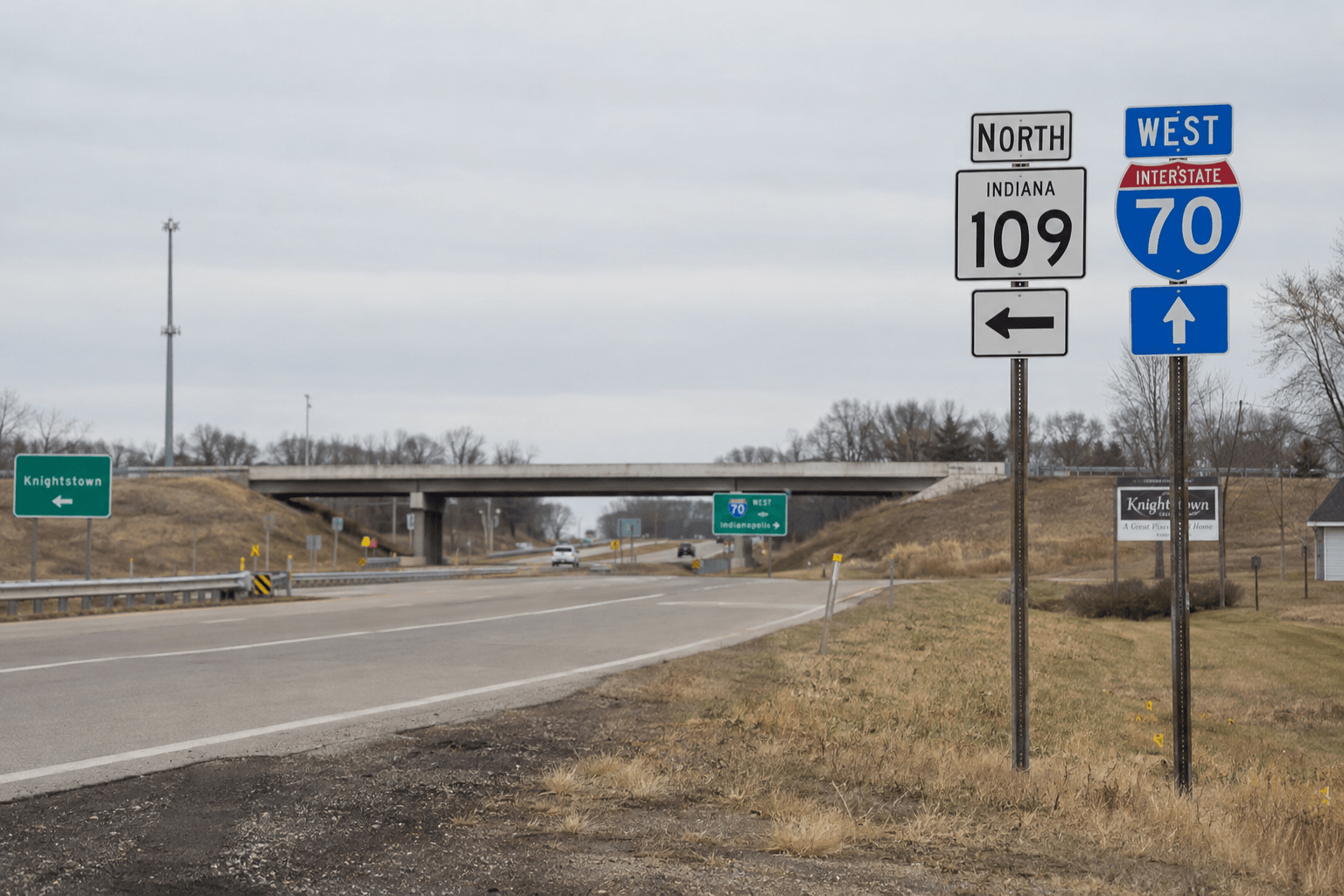 Roadside surroundings near State Road 109 and I-70 in Knightstown, the location of the reported pedestrian crash.