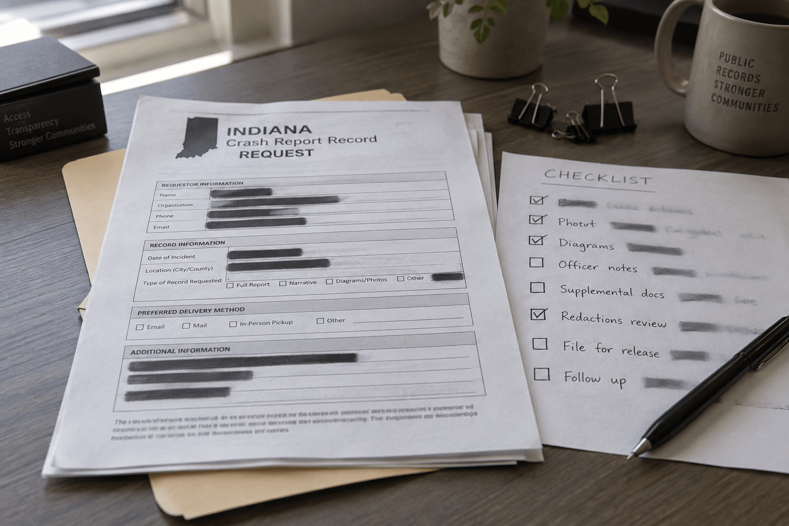 Crash-report and evidence-preservation documents illustrating practical steps after an Indiana pedestrian collision.