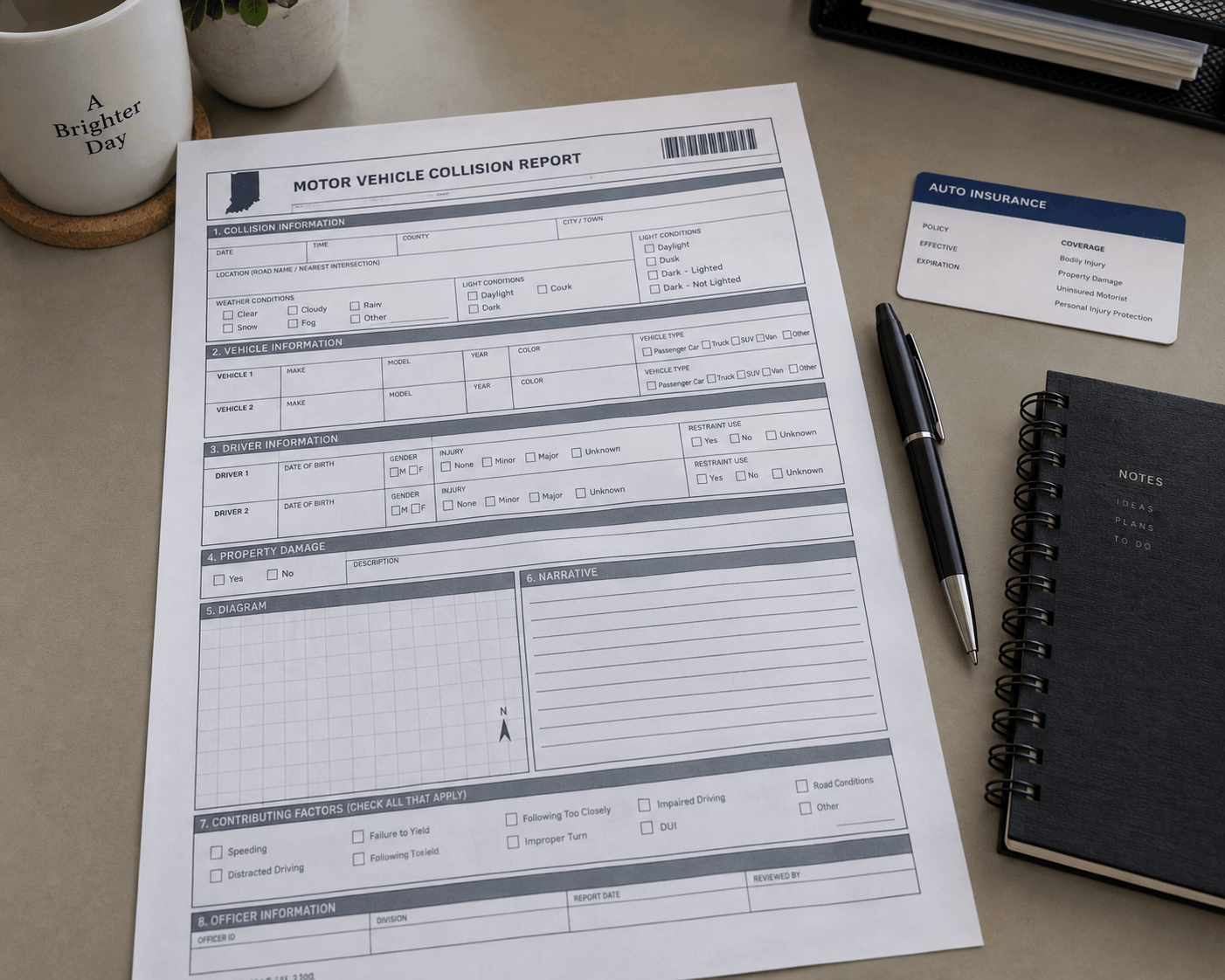 Crash-report and insurance documents representing evidence collection after an Allen County multi-vehicle collision.