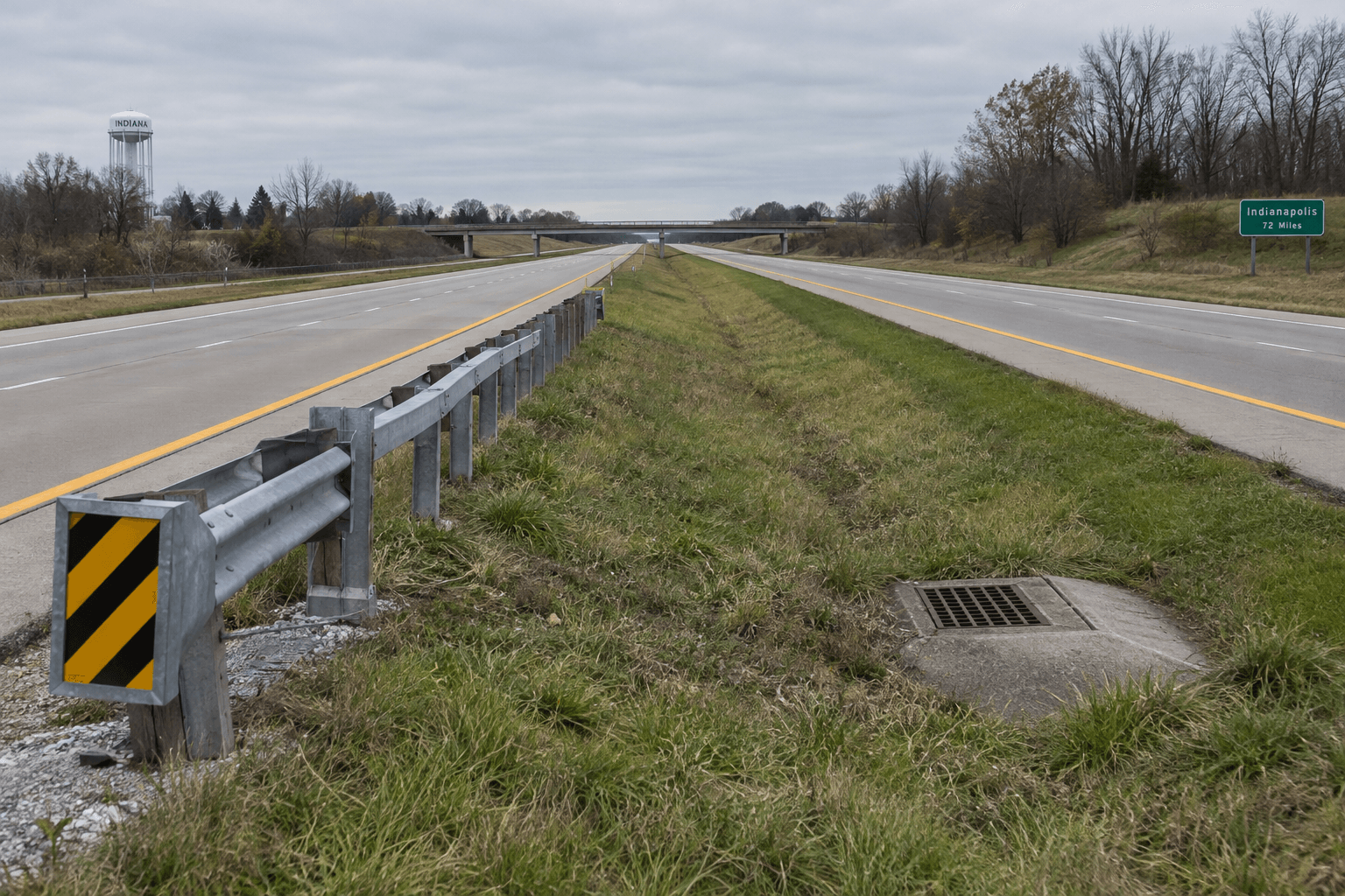 Highway median, storm drain, and guardrail illustrating the reported U.S. 41 rollover location near Haubstadt.
